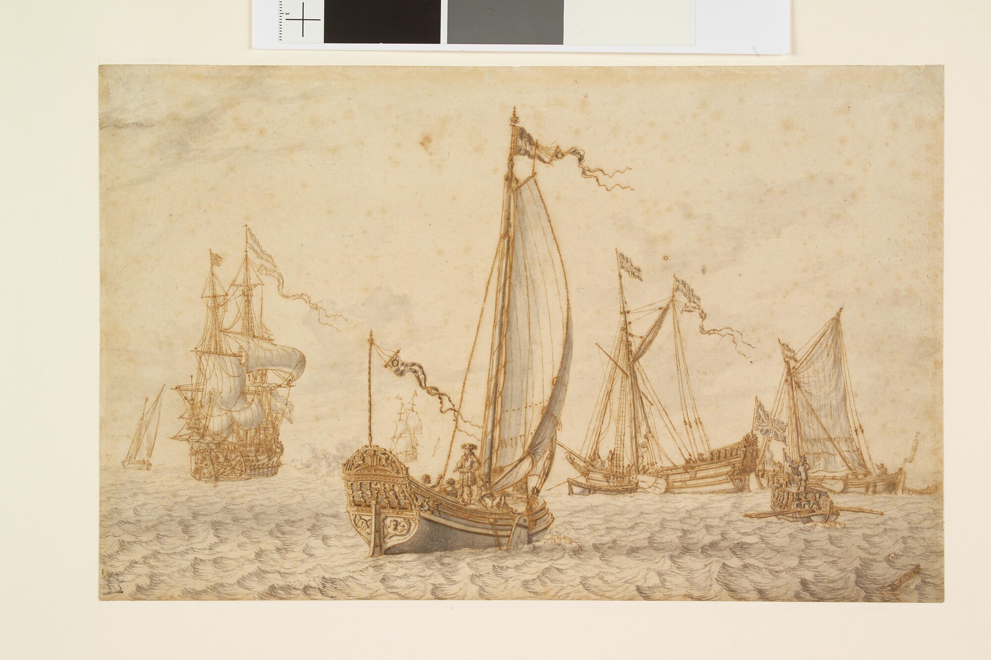 A.0149(0216); Het bezaanjacht van de stad Amsterdam en het Engelse jacht 'Mary' op de rede van Amsterdam; tekening