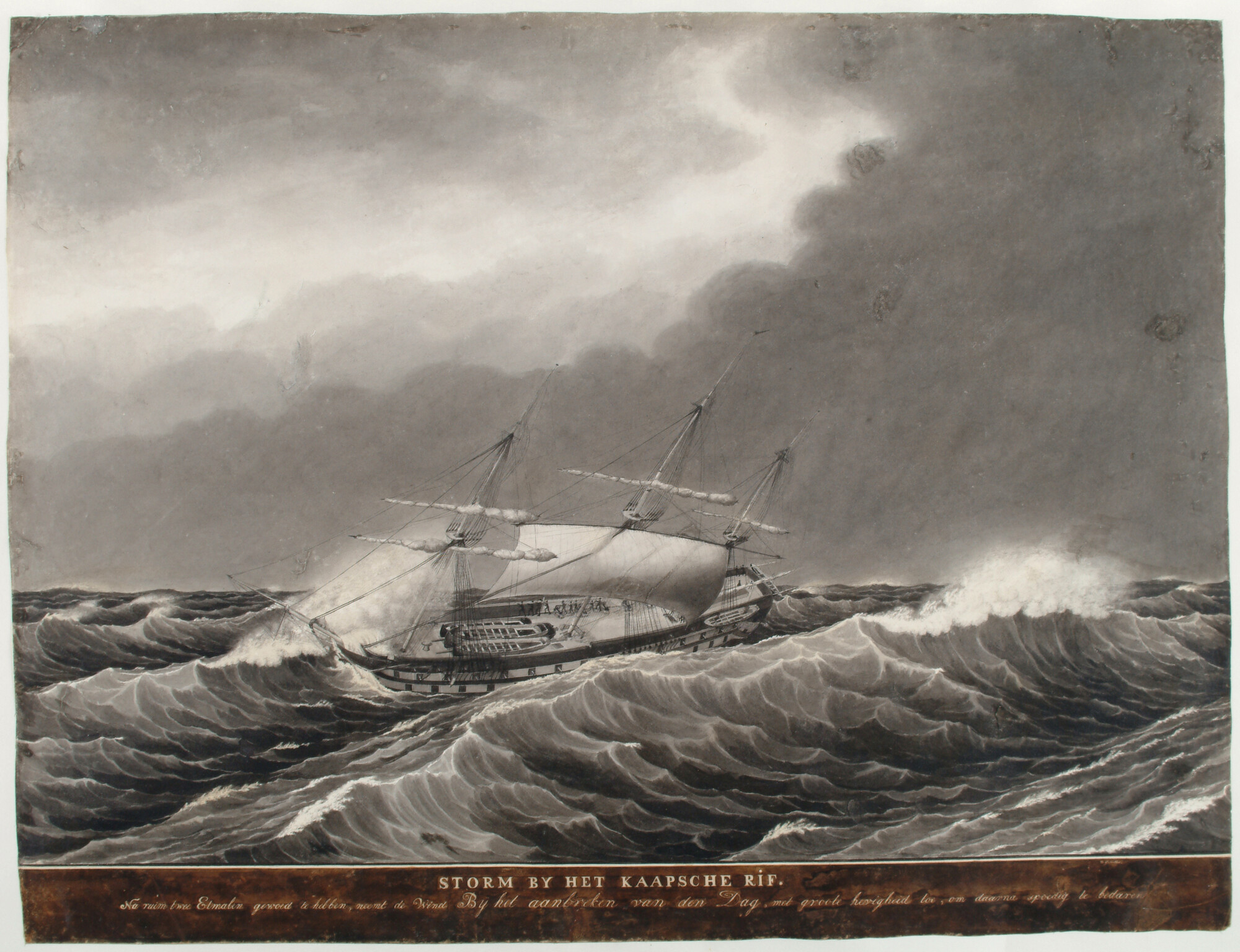 S.1277(01)38; Oorlogsschip in stormweer bij het Kaapse Rif, omstreeks 1820; tekening