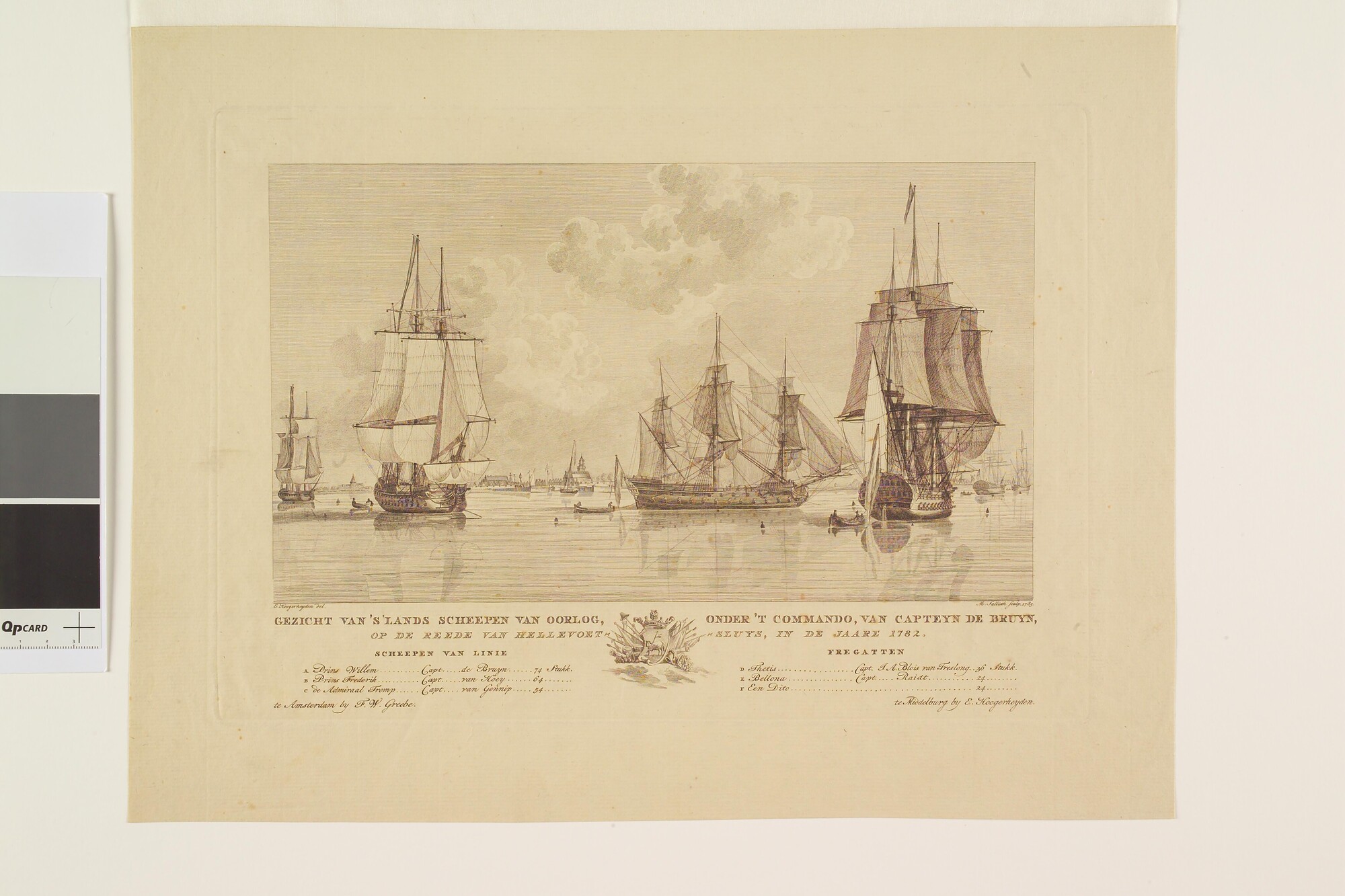 1991.0081; 's Lands eskader onder Kapitein De Bruyn op de rede van Hellevoetsluis, 1782; prent