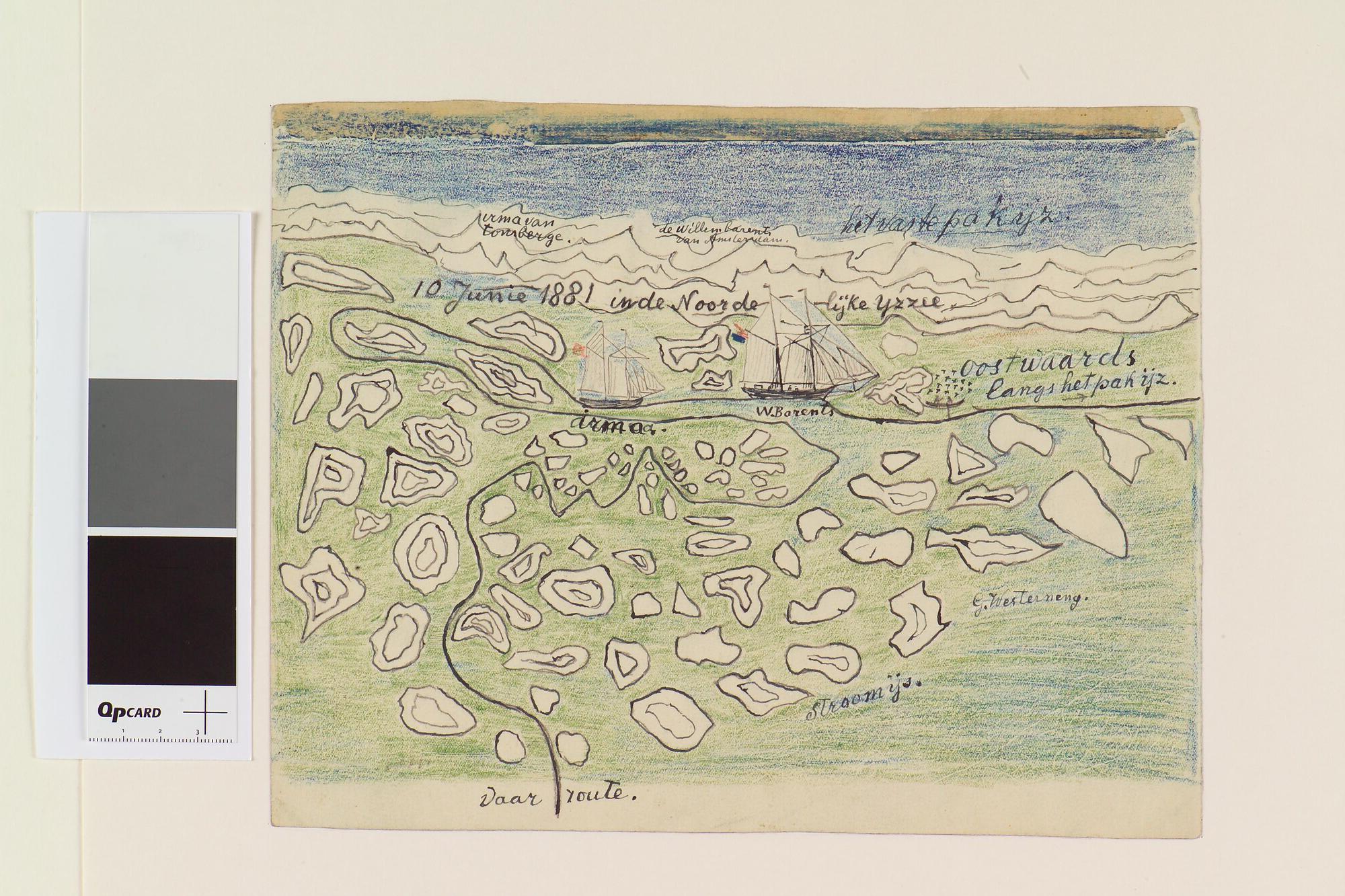 2008.0456; Tekening van de vaarroute van de poolschoener Willem Barents en de Irma in de Noordelijke IJszee, op 10 juli 1881; tekening