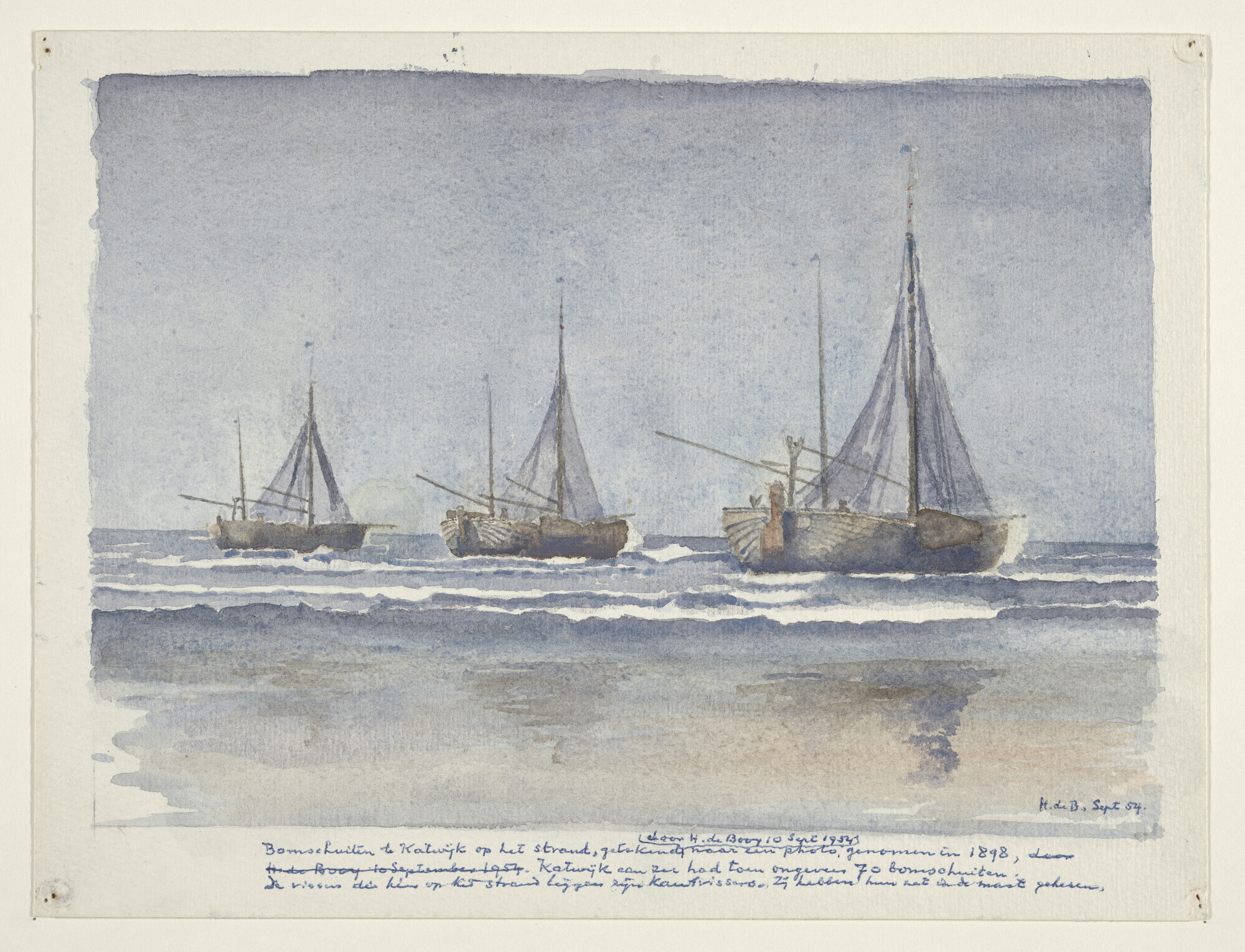 S.2893(02); Bomschuiten in de branding; tekening