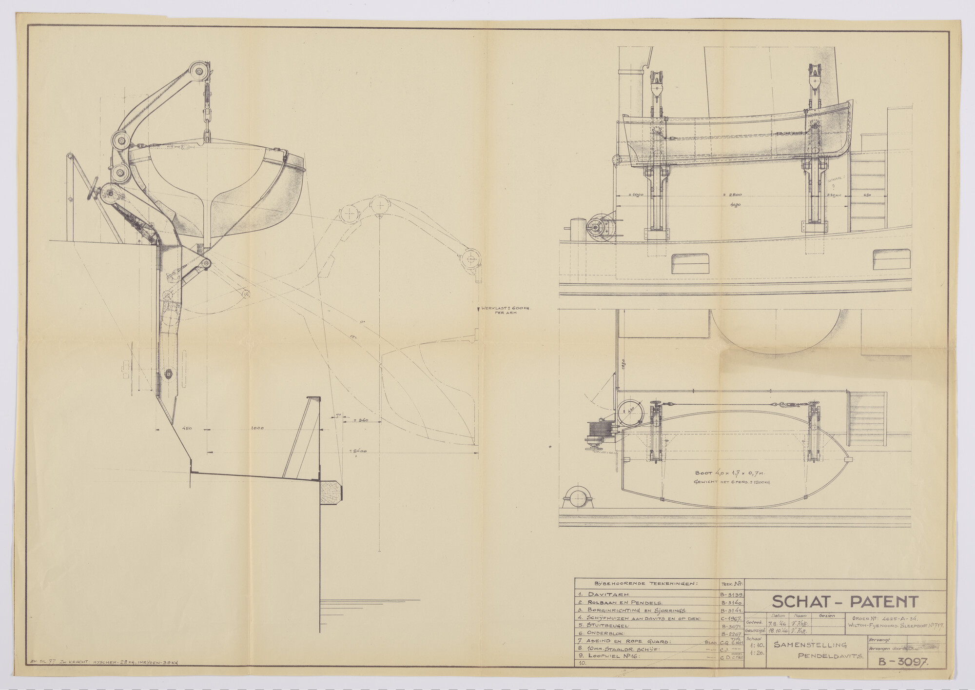2015.5201; Samenstelling pendeldavits Schat-Patent aan boord sleepboot; technische tekening