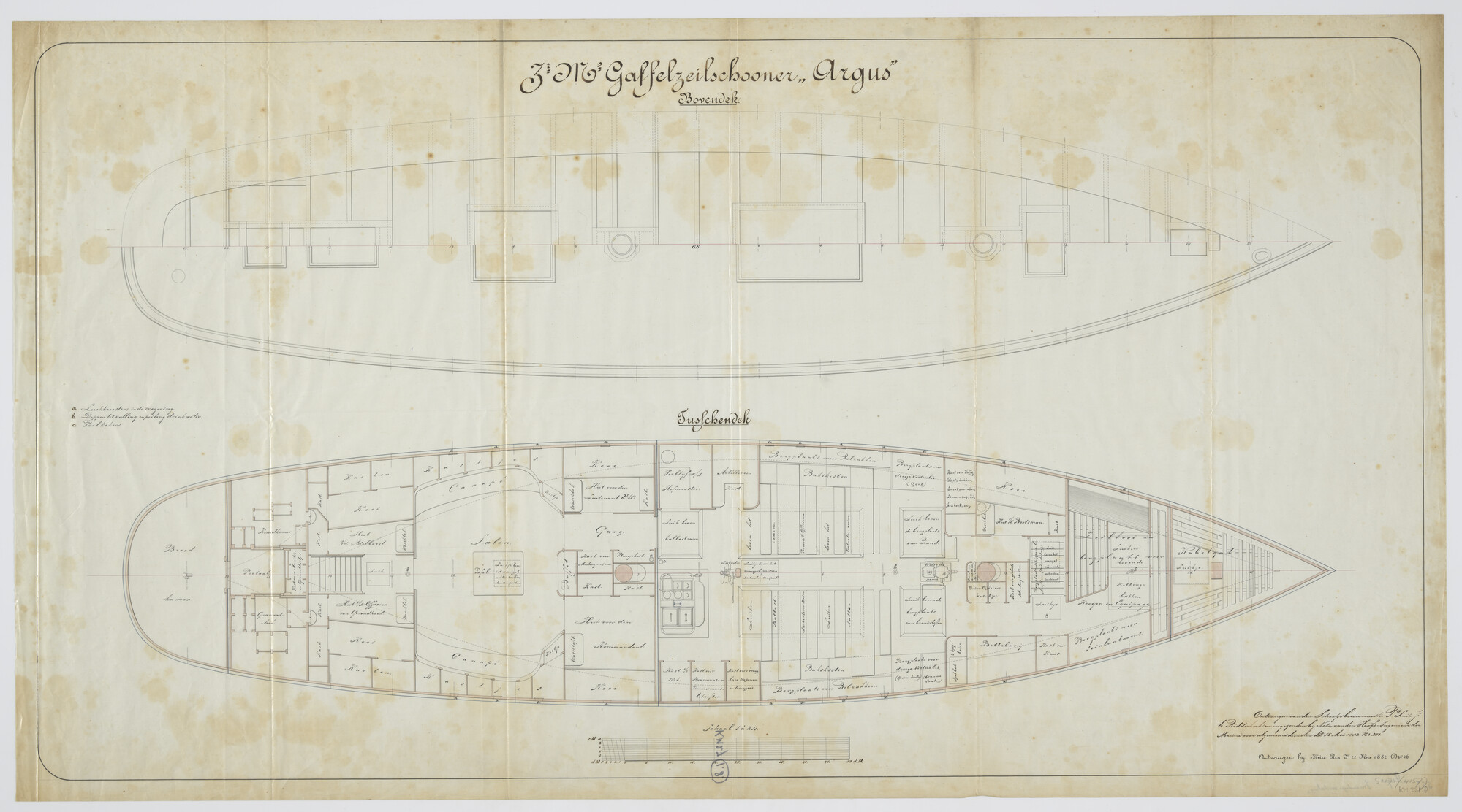 S.2175(4157); Bovendek en tussendek van Zr.Ms. 'Argus'; technische tekening