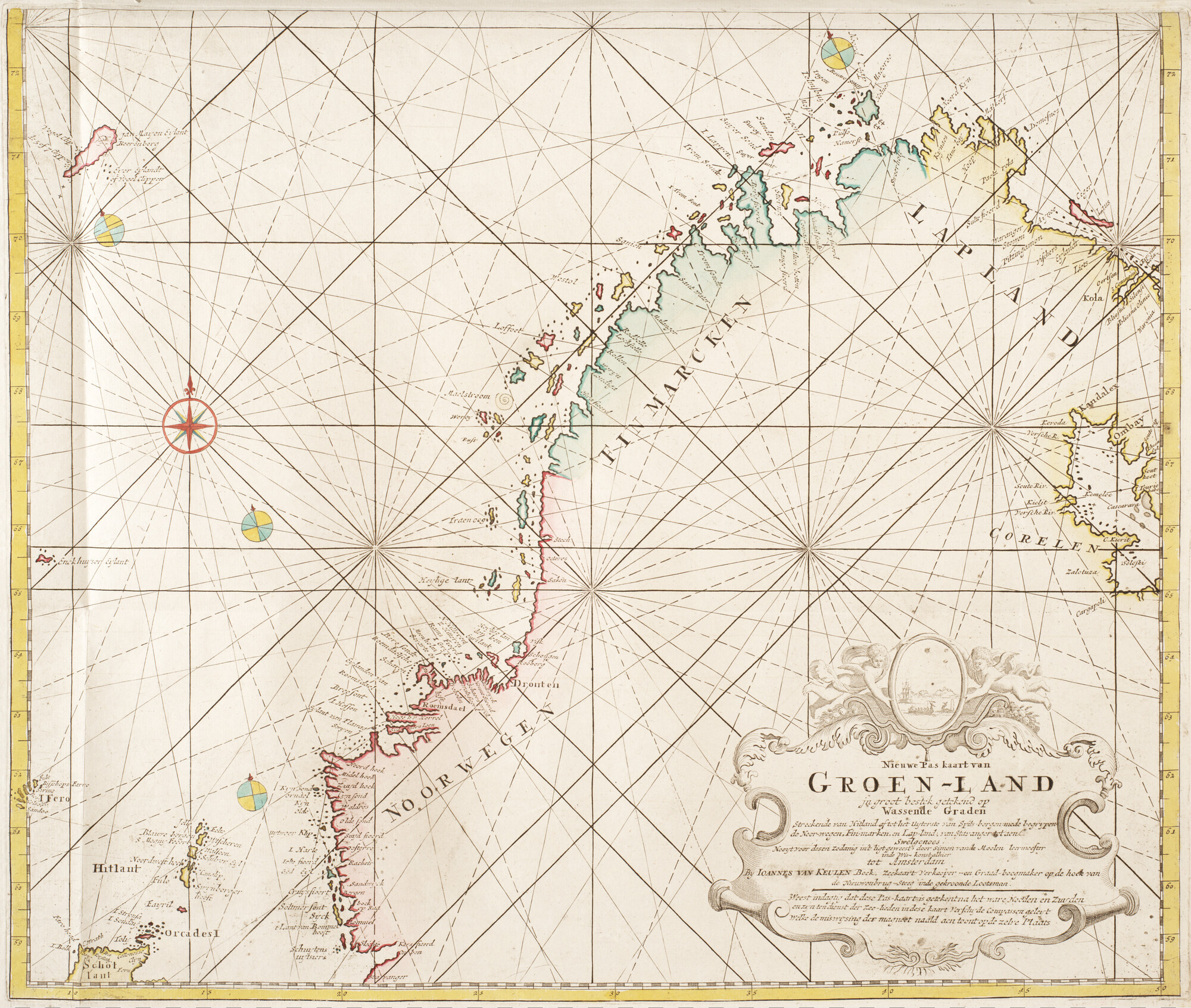 B.0032(109)1 [kaart 043]; Zuidelijk blad van de 'Nieuwe Pas kaart van GROEN-LAND jn groot bestek'  met; kaart