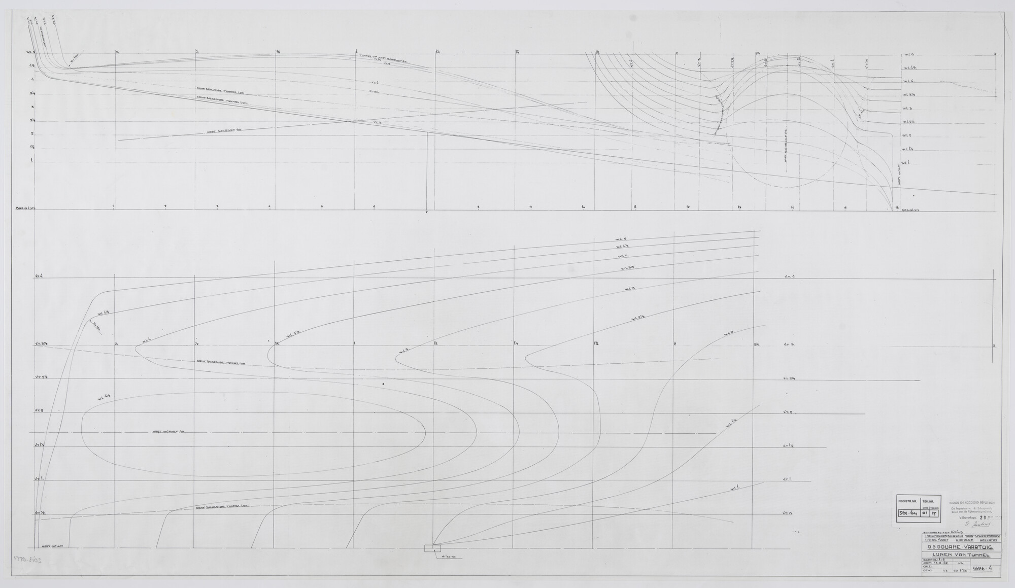 2013.0551; Lijnenplan van de schroefastunnel van het douane-patrouilleschip Alexander Gogel van 25.60 meter; technische tekening