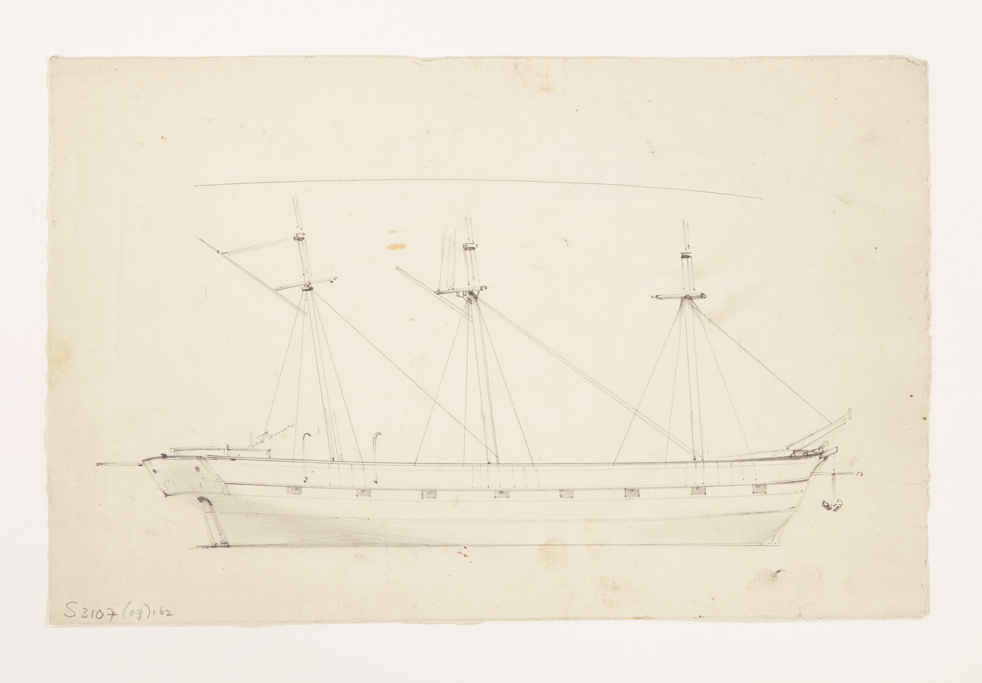 S.3107(07)162; Schets van een driemastzeilschip in aanbouw; tekening