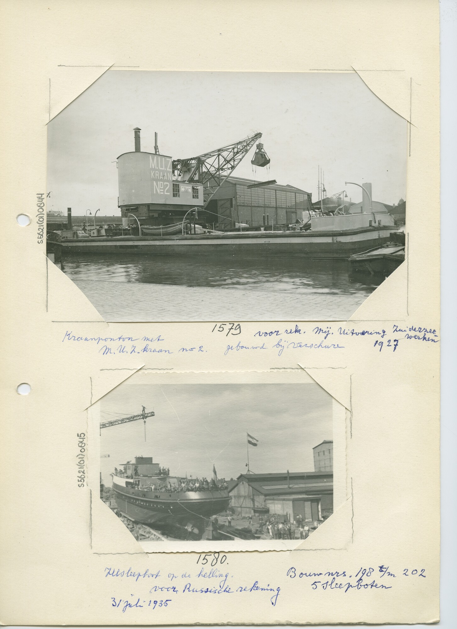 S.5621(01)0844; Foto van kraanponton met Maatschappij Uitvoering Zuiderzeewerken (M.U.Z.) kraan, gebouwd bij Verschure.; foto