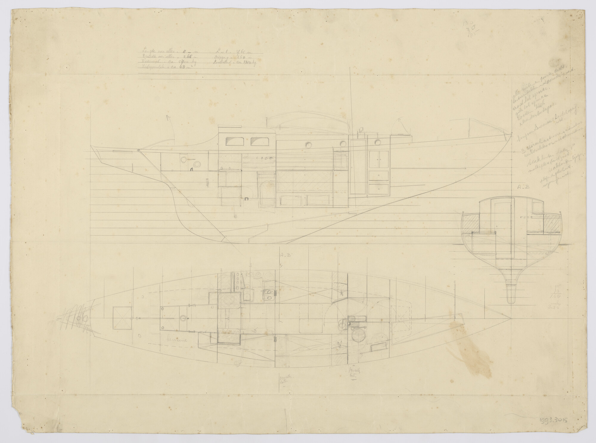 1993.3015; Interieurplan stalen 'Ocean Racer'; technische tekening