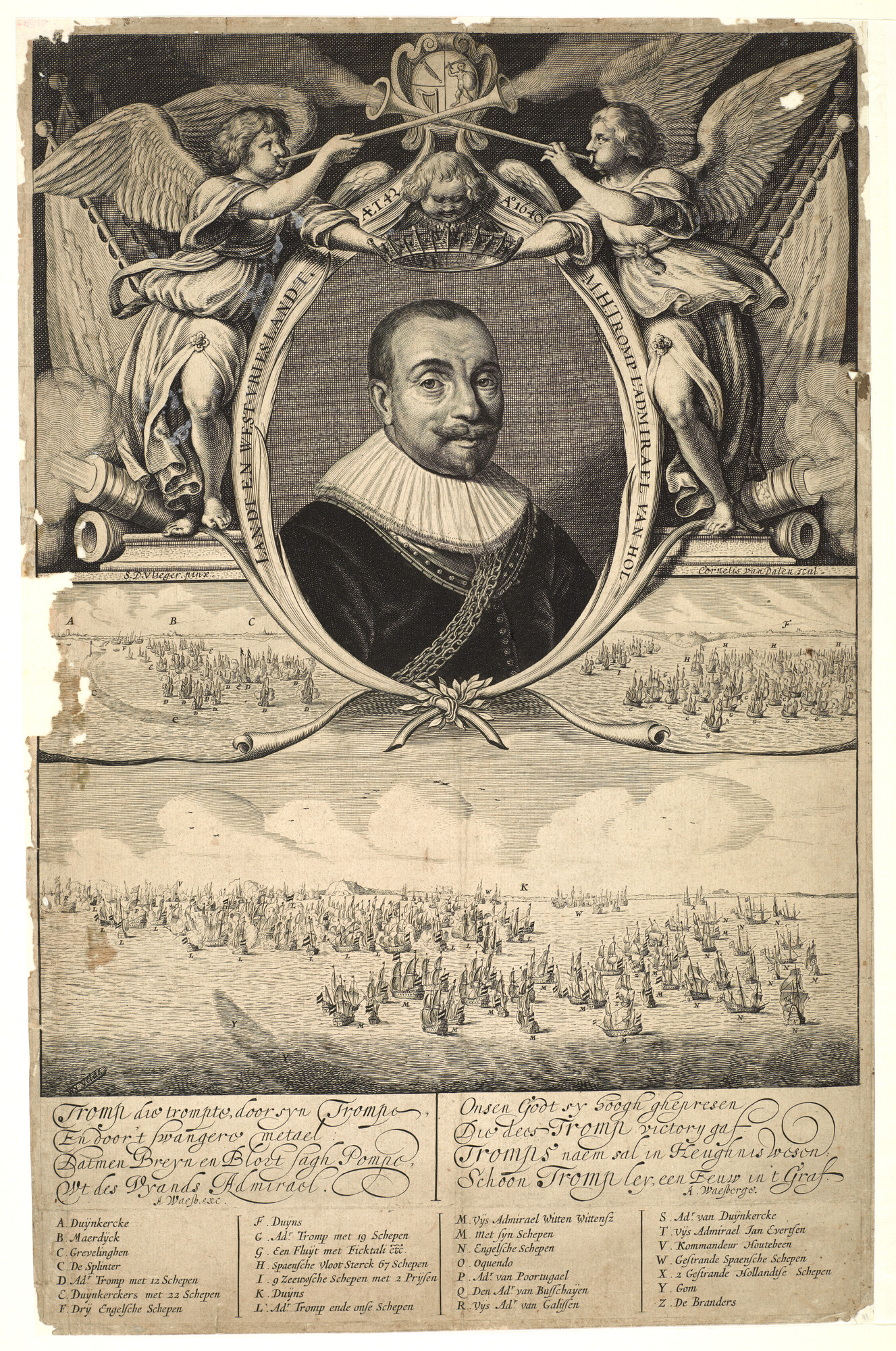 S.1563(03); Portret van Maarten Harpertsz Tromp met afbeeldingen van de zeeslagen bij Duinkerken en Duins; prent