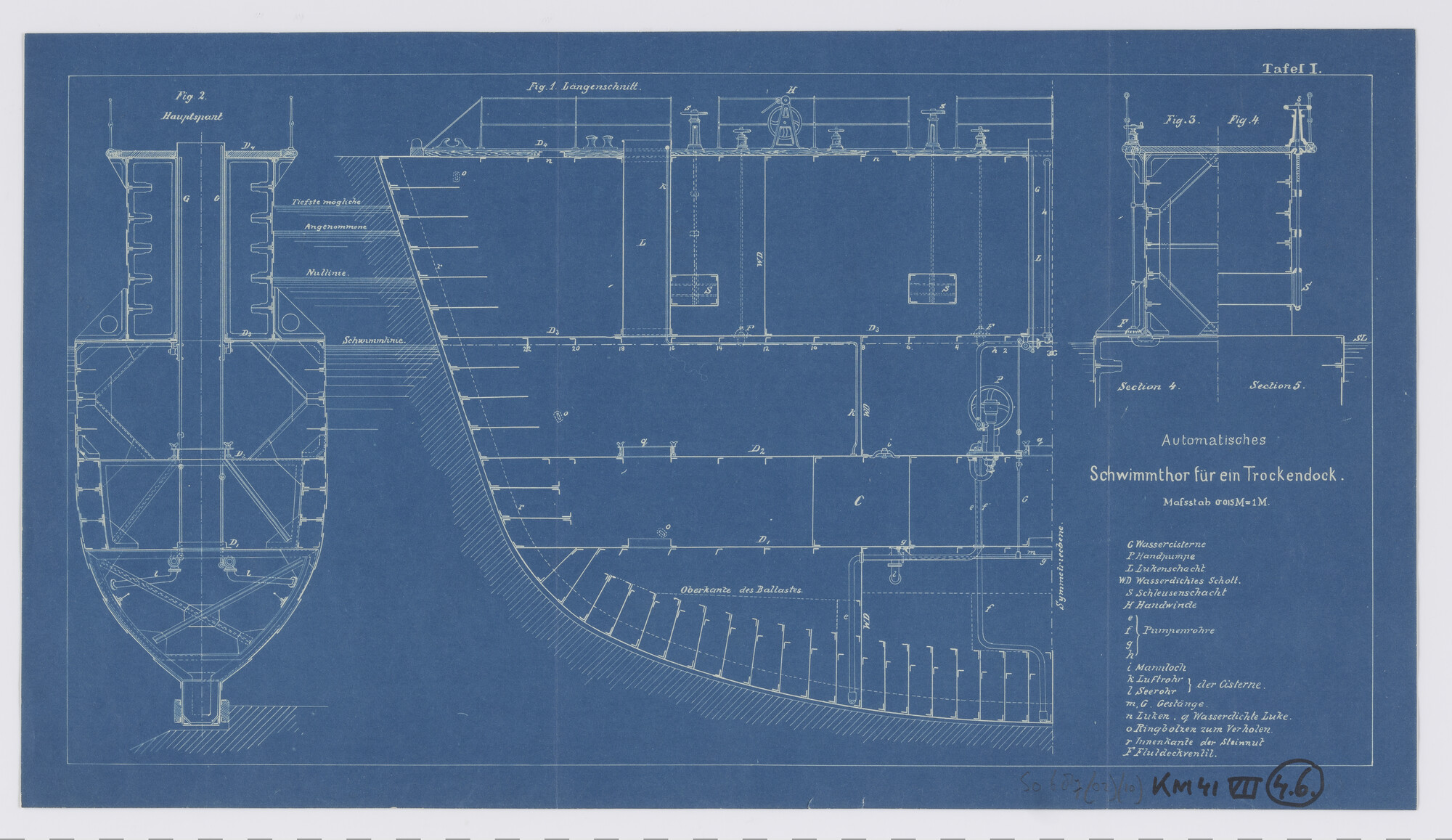 S.0687(02)(10); Doorsneden van een schipdeur (bateau-porte) voor een droogdok; technische tekening