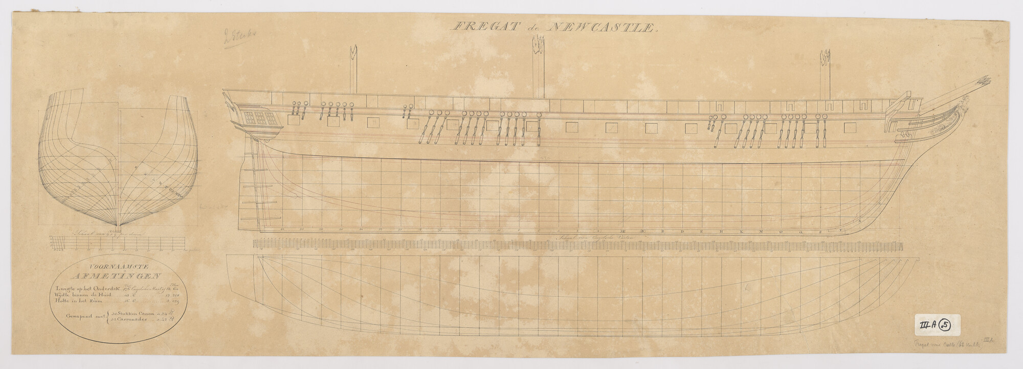 S.0600(01)061; Lijnenplan van  van het fregat HMS 'New Castle' van 62 stukken; technische tekening