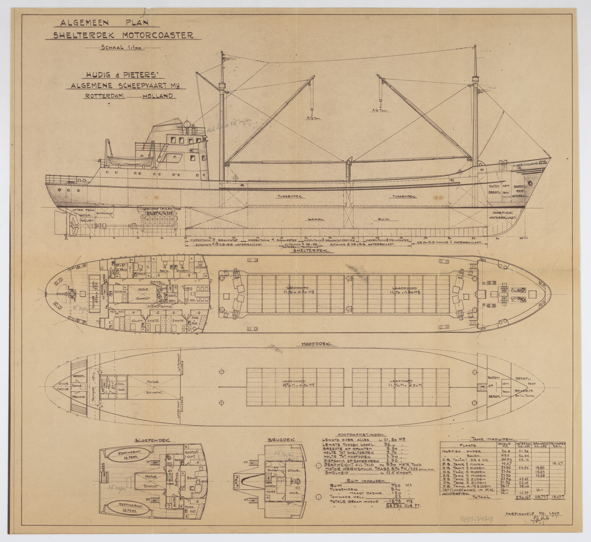 1995.7429; Algemeen plan (1:100) van de coaster ms. 'Meidoorn' van Hudig en Pieters; technische tekening