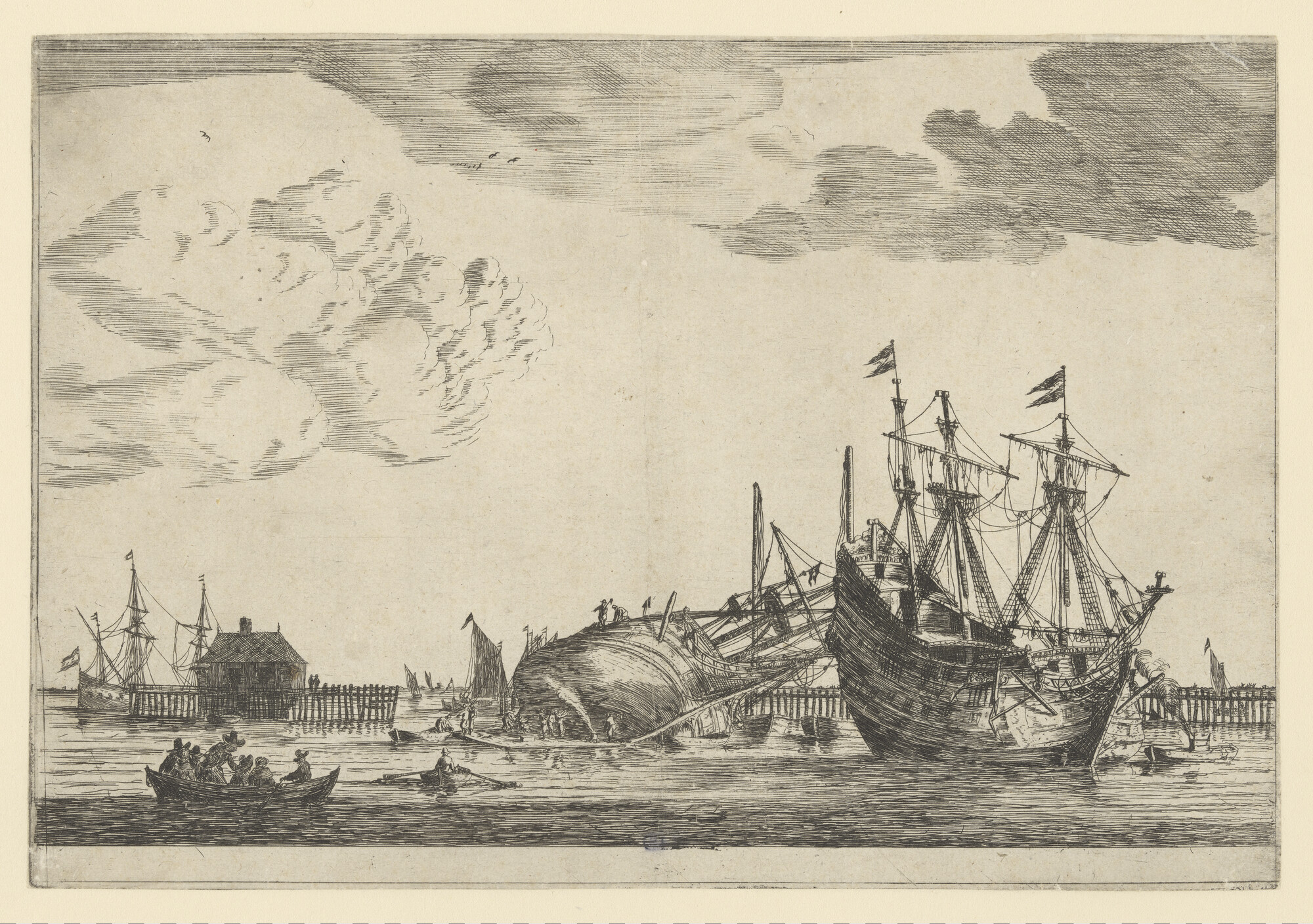 A.0145 [nr 0022]; Het  kalfaten van een schip in de Amsterdamse haven; prent