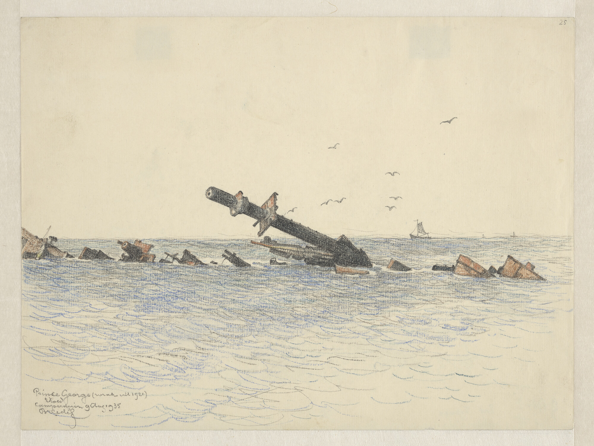 S.4364(09); Het wrak van de Britse kruiser HMS Prince George op het strand van Kamperduin; tekening