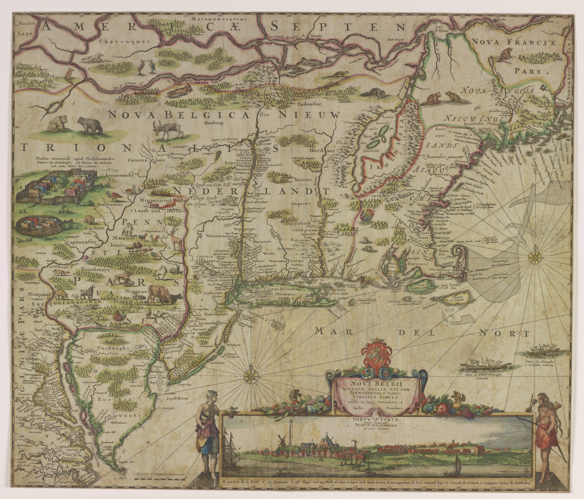 A.0145(064)3; Met de hand gekleurde kaart van Nieuw Nederland, Nieuw Engeland en een deel van Virginia, naar Visscher; landkaart