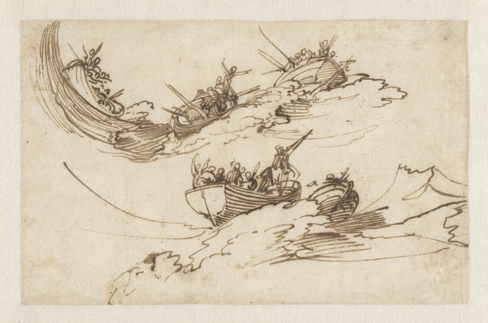 A.1494(19); Vijf sloepen in zwaar weer; tekening