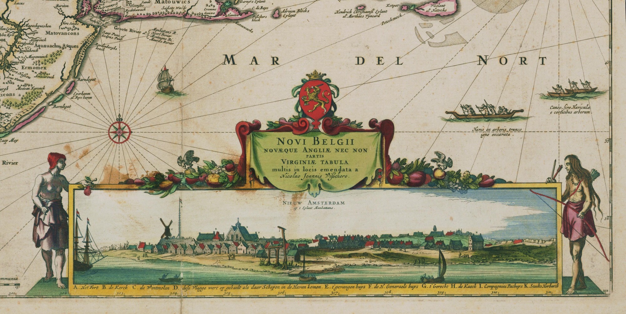 A.0145(064)5; Met de hand gekleurde kaart van Nieuw Nederland, Nieuw Engeland en een deel van Virginia; landkaart
