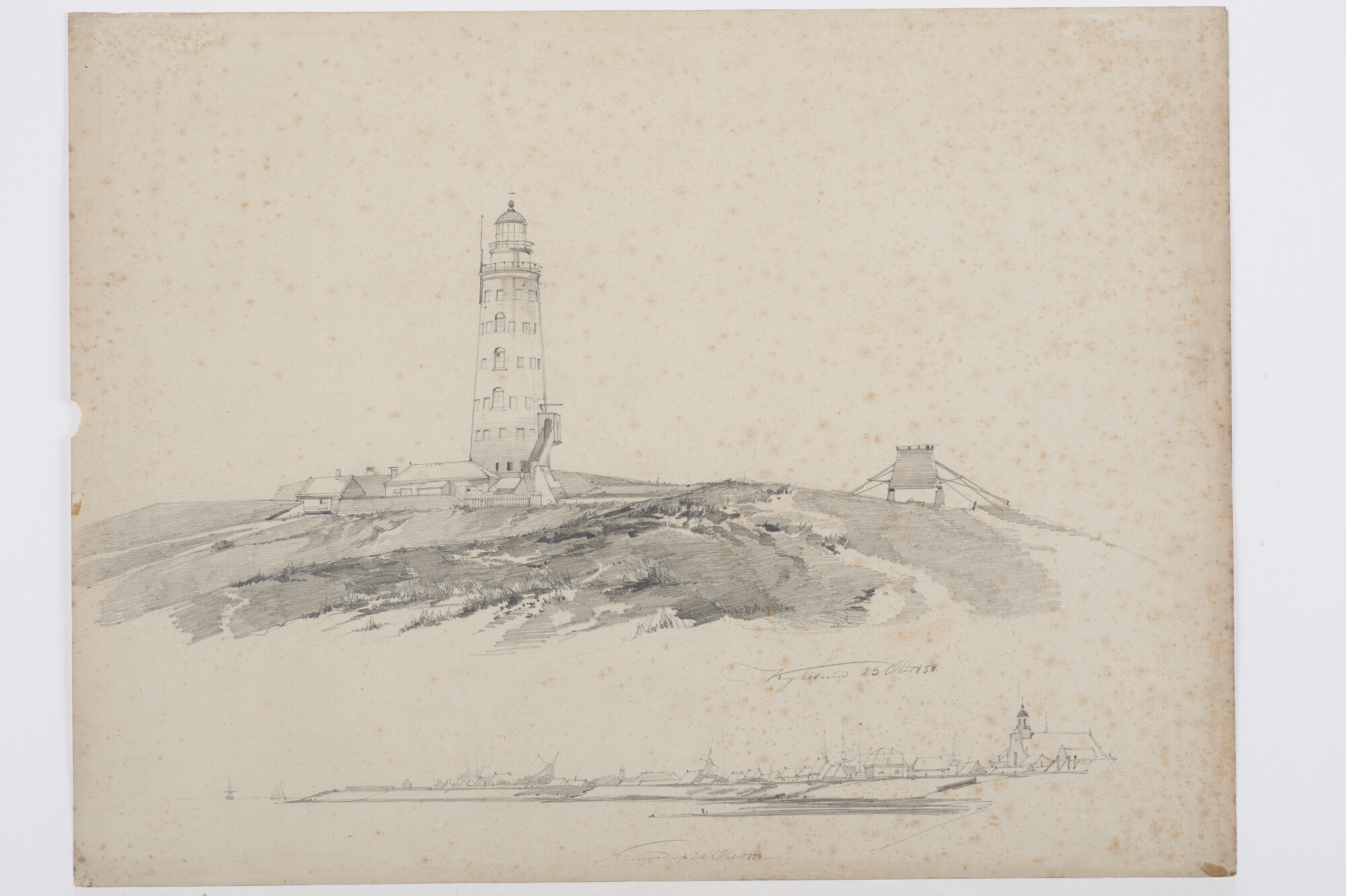 A.1136(02)a; Blad met 2 tekeningen: de vuurtoren van Kijkduin bij Huisduinen en een kustaanzicht van Den Helder vanaf het Marsdiep; tekening