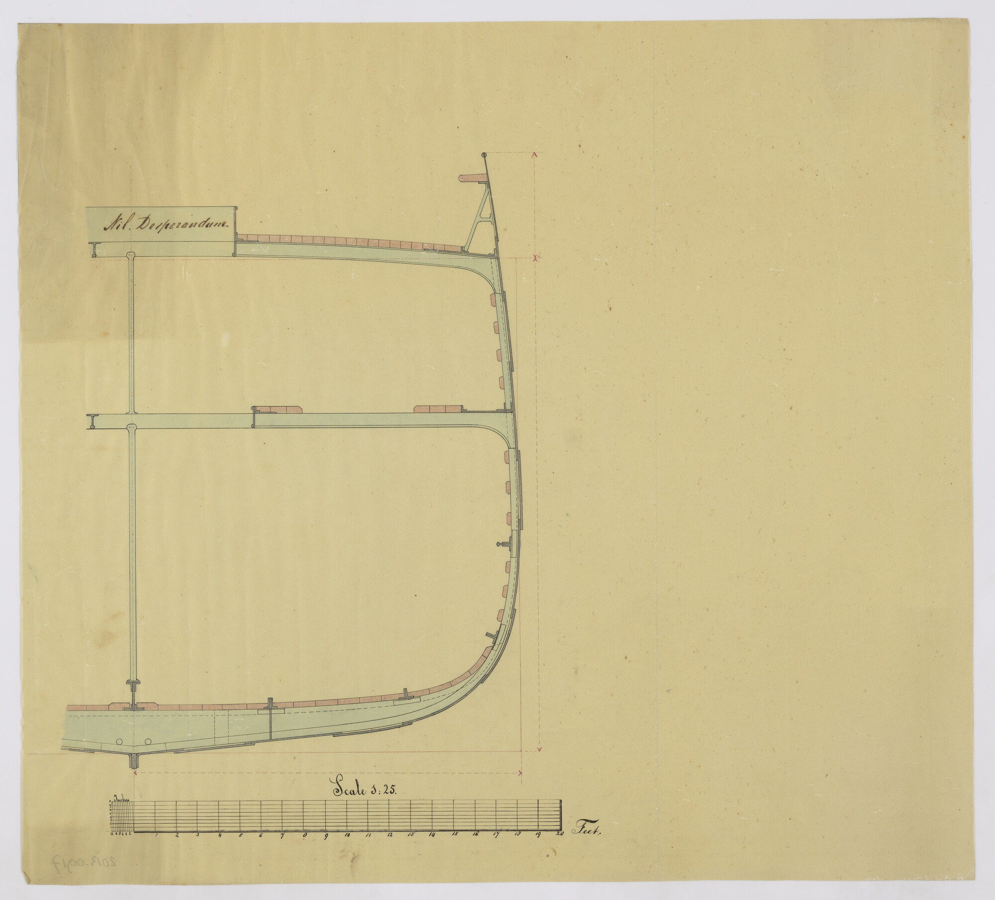 2013.0917; Grootspant van het barkschip Nil Desperandum (Wanhoop Nooit) van 58.18 meter; technische tekening