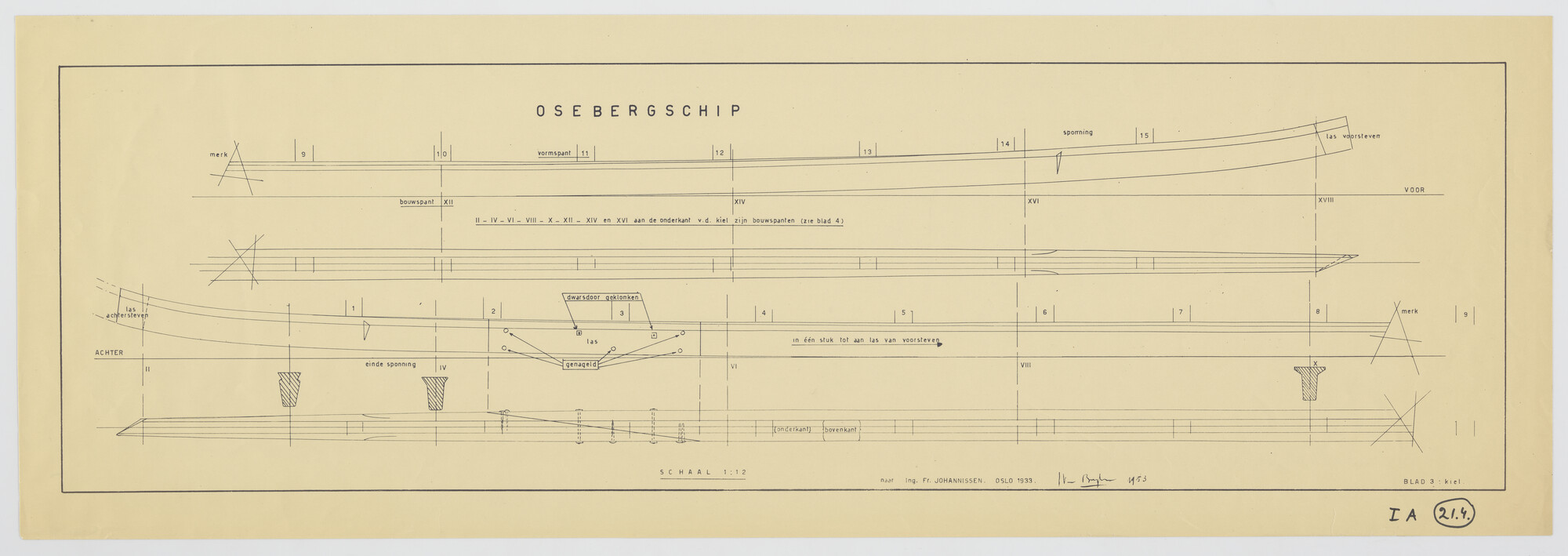 A.3154(05); Reconstructietekening van het 'Osebergschip'; technische tekening