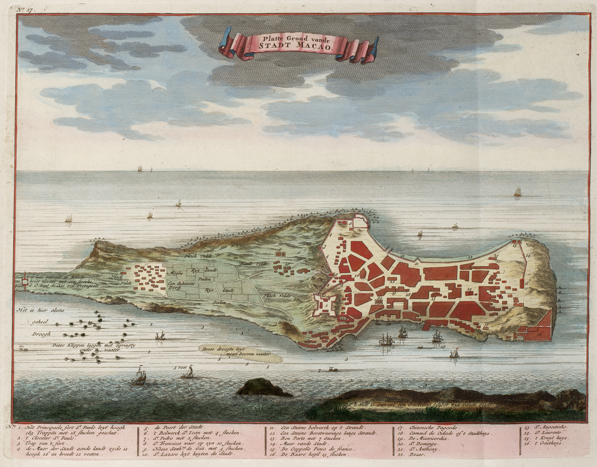 B.0032(109)6 [kaart 134]; Plattegrond en aanzicht van de stad Macao uit Valentijn's Oud en Nieuw Oost; prent