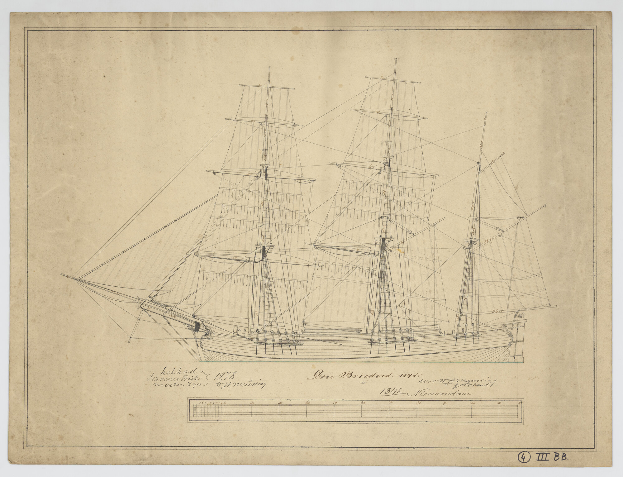 S.1156(05)0152; Zeilplan van de driemastgaljoot 'Drie Gebroeders'; technische tekening