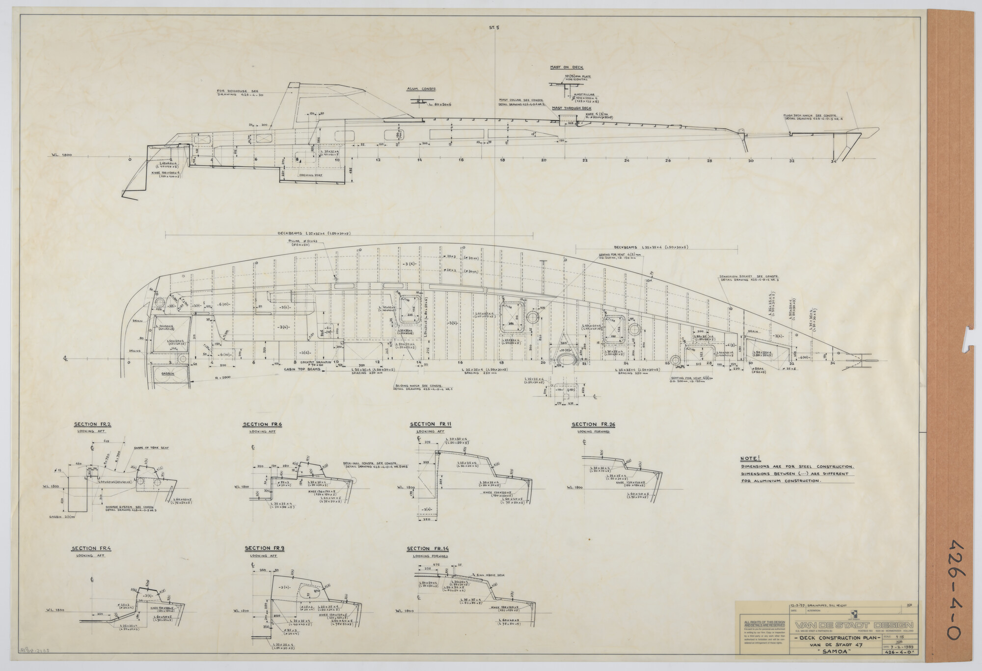2015.4832; Constructieplan dek Van de Stadt 47' - Samoa; technische tekening