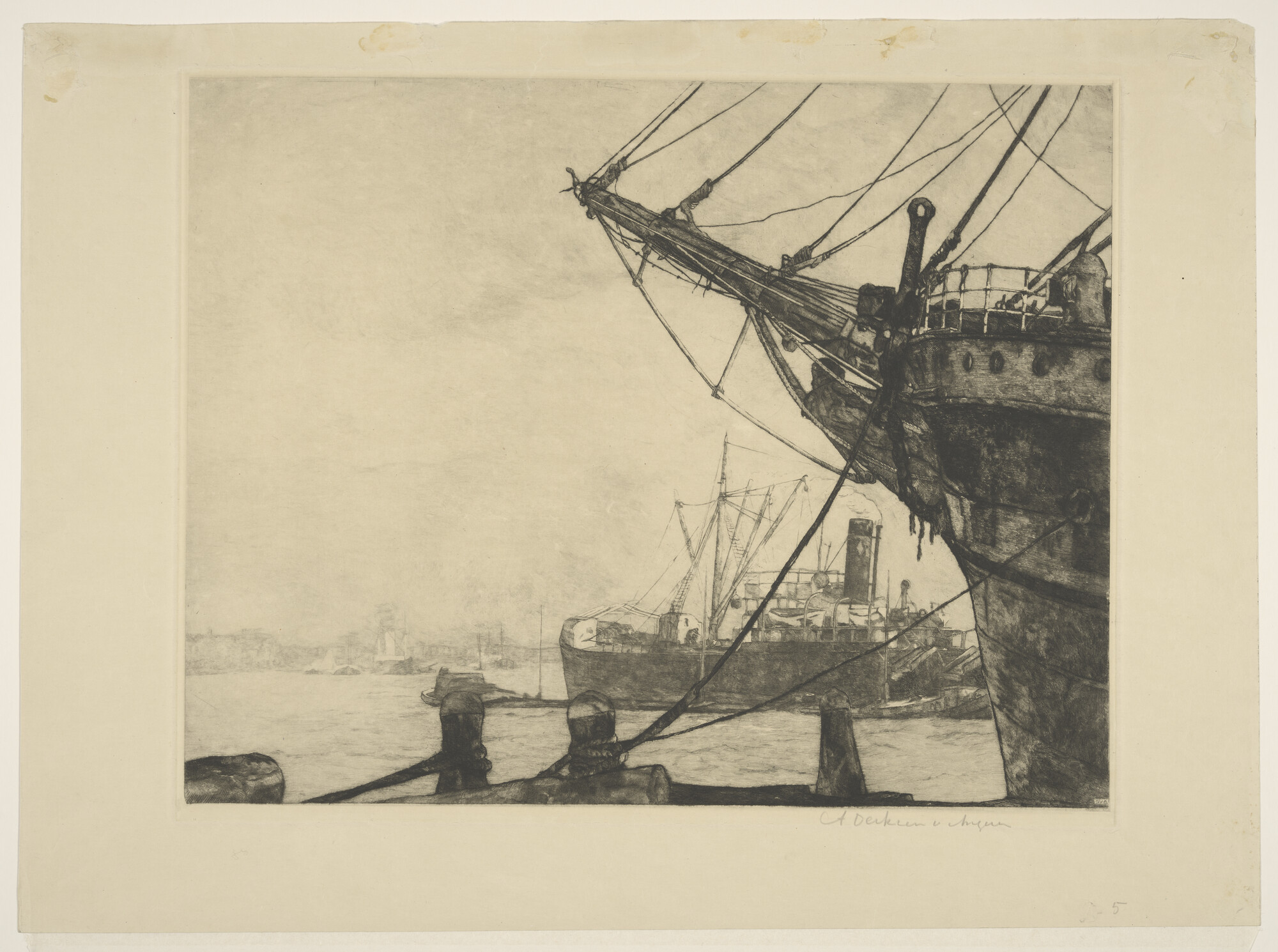 A.0875(04); Zeilschip en vrachtschip in de haven van Rotterdam; prent