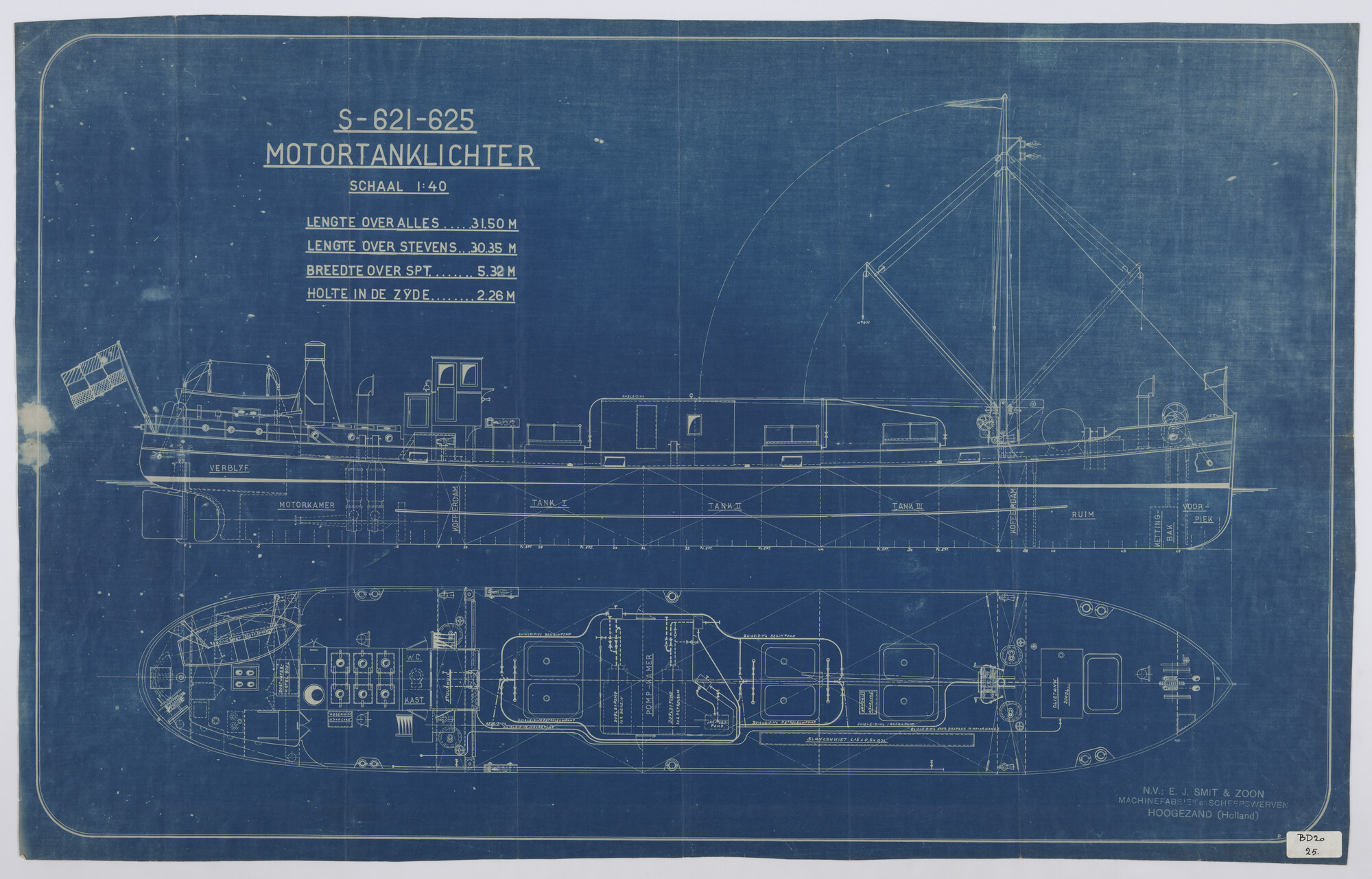 S.5181(801); Algemeen plan van een motortanklichter; technische tekening
