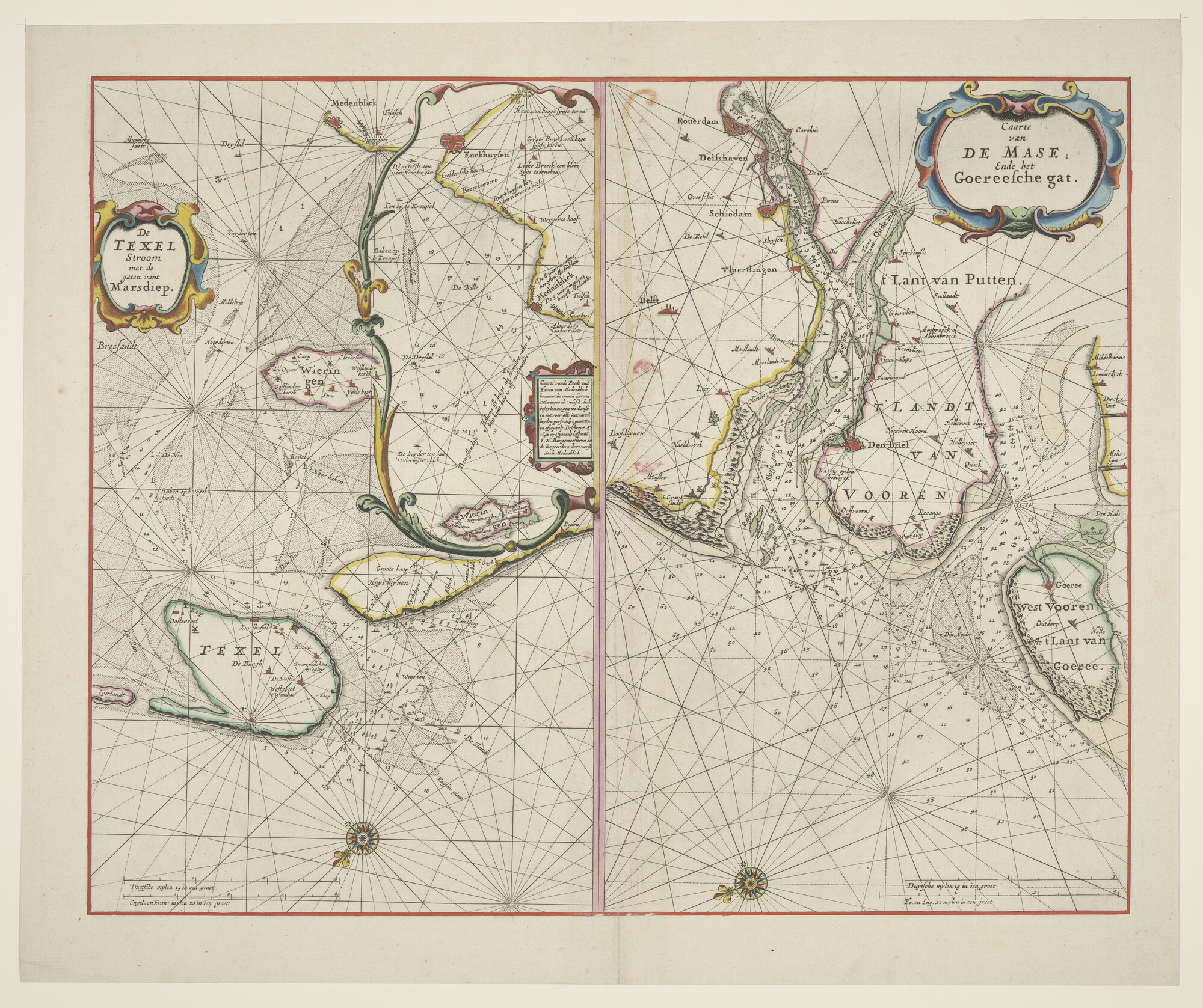 A.3845(01)076; Met de hand gekleurde kaart van de Texelstroom en het Marsdiep; zeekaart