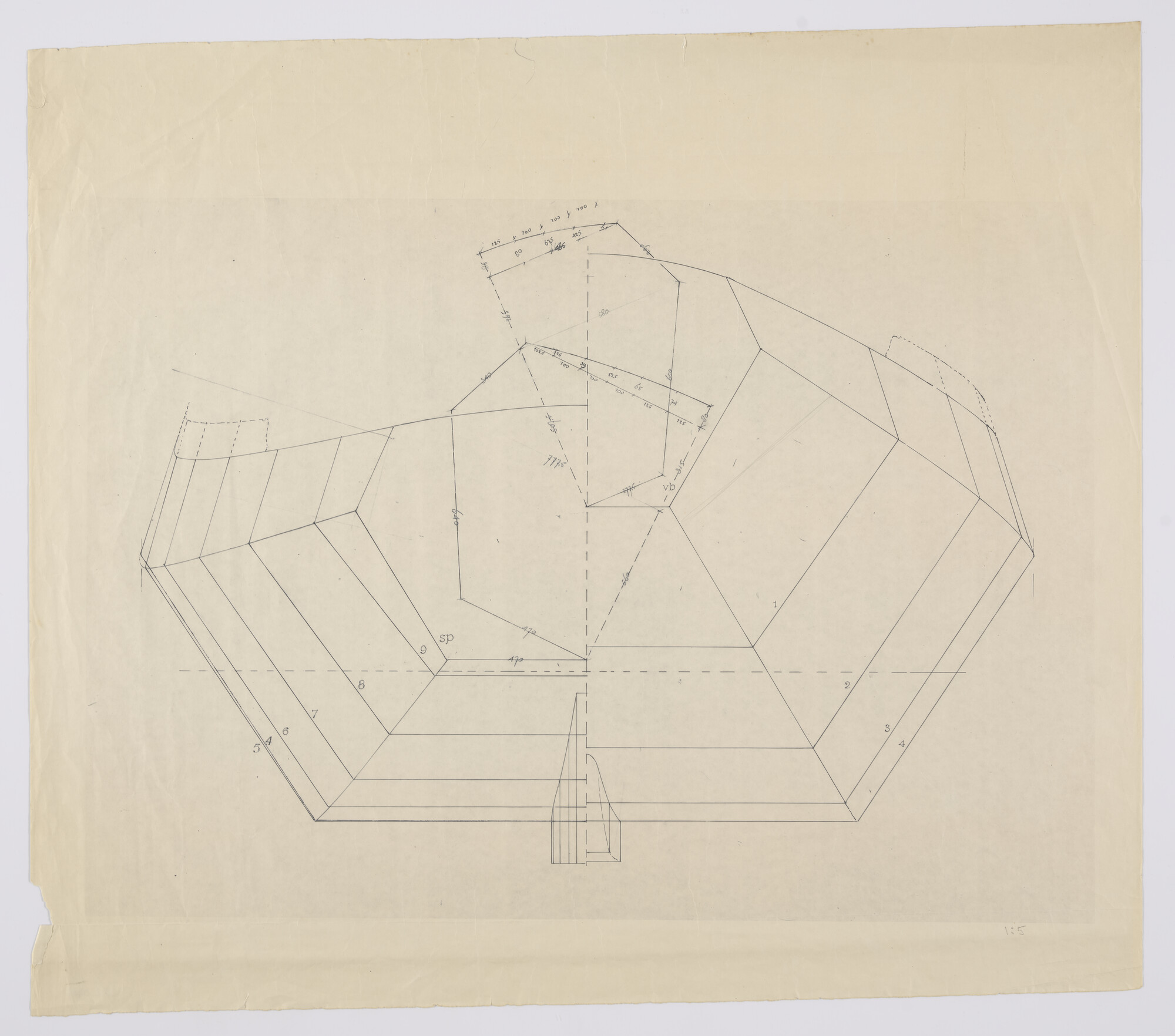 2012.0487; Spantenraam van een zeeschouw van 8.00 m; technische tekening