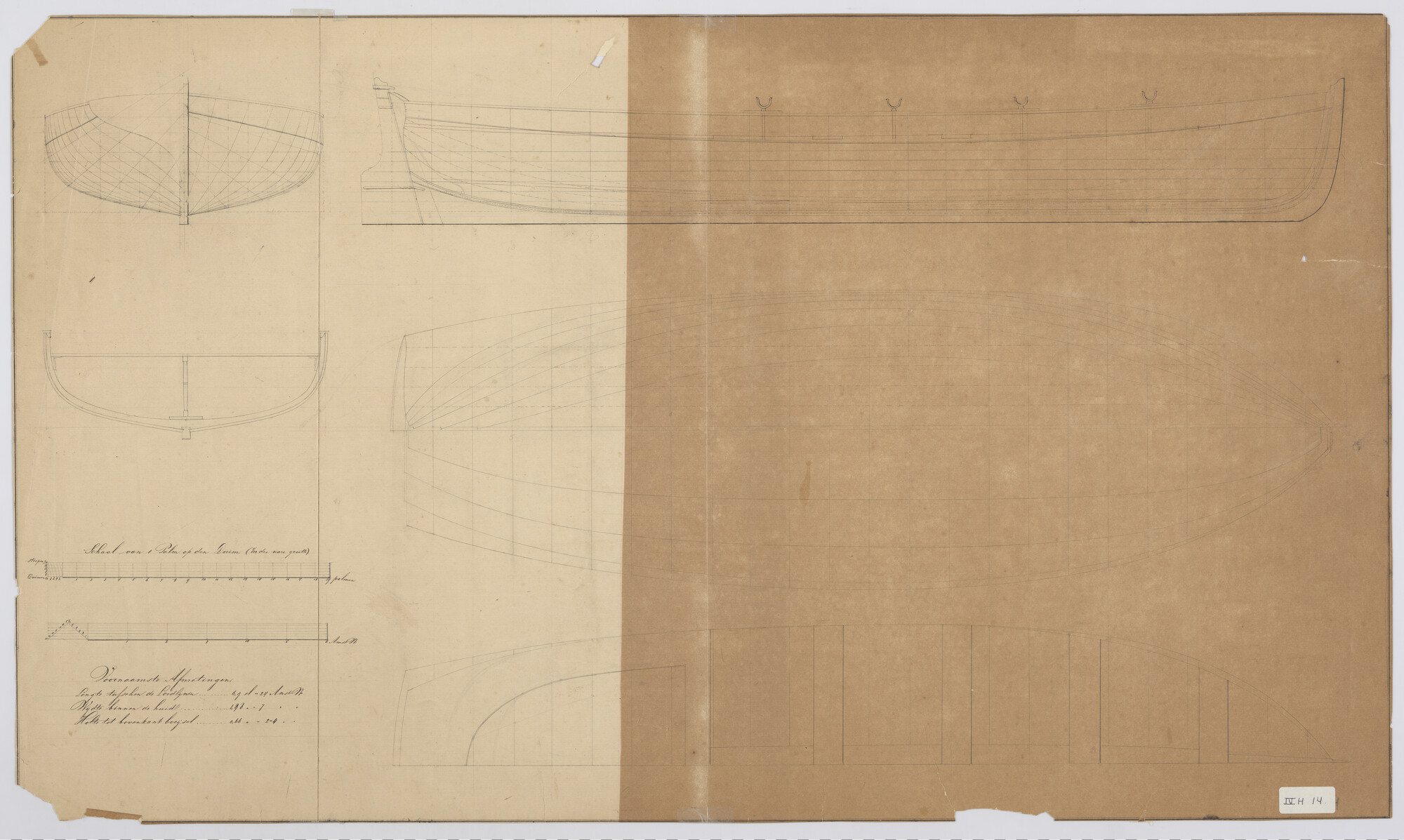 A.0132(02)35; Zij-, boven-, voor- en achteraanzicht, grootspant, senten, verticalen, waterlijnen en spantenraam van een Sloep; technische tekening
