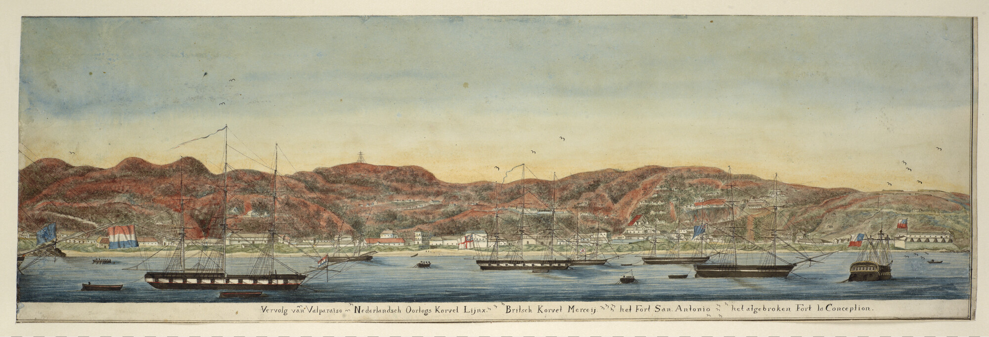 A.1964; Het korvet Zr.Ms. 'Lynx'  op de rede van Valparaiso; tekening
