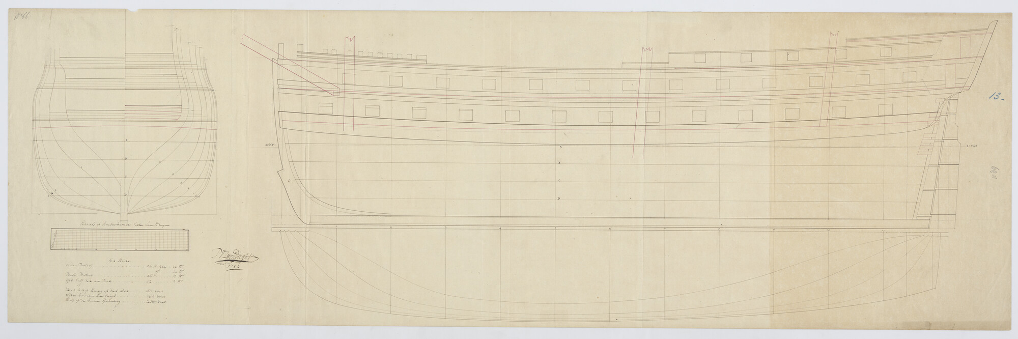 S.0305(12); Lijnenplan van een schip van 64 stukken; technische tekening