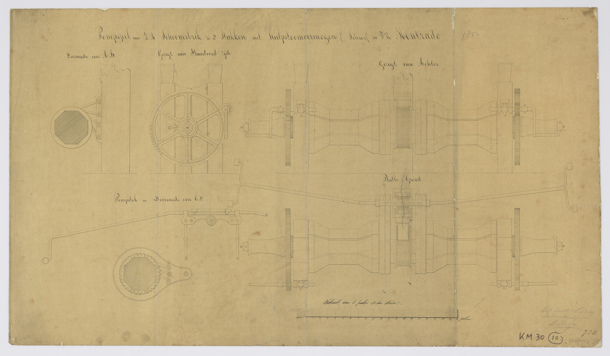 S.1214(0030); Pompspil (ankerspil) aan boord Zr.Ms. 'Montrado'; technische tekening