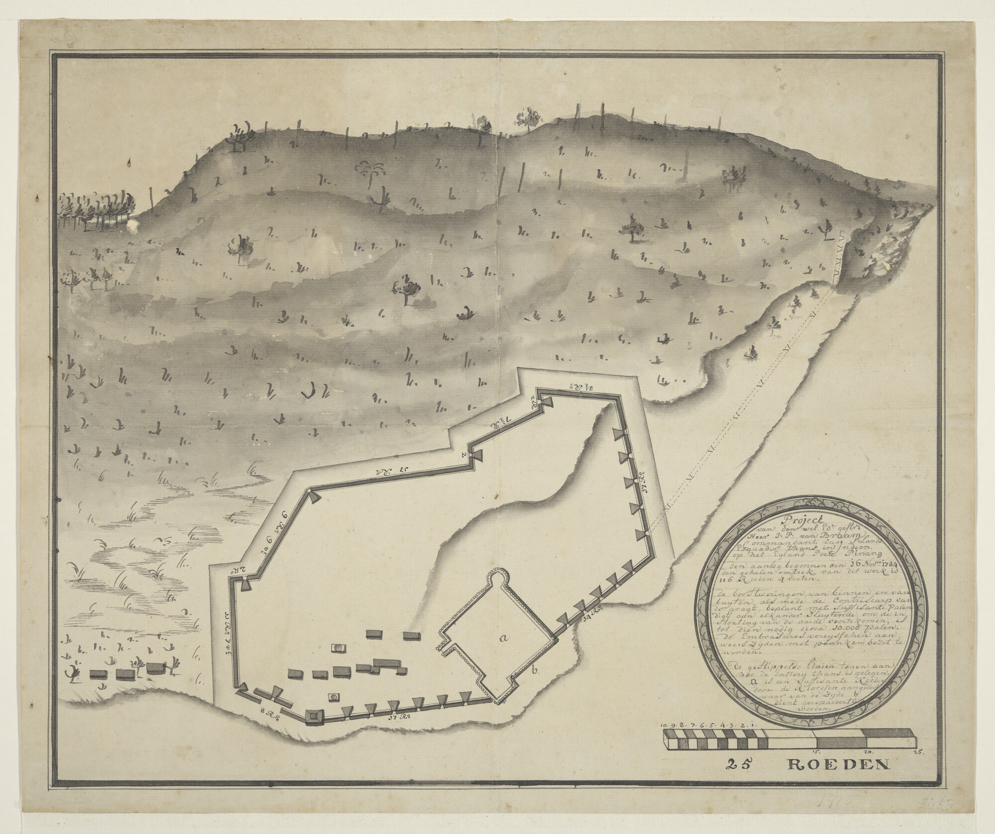 S.1277 [nr 0027]; Manuscriptkaart met plan voor de aanleg van versterkingen op het eiland Poele Pinang; tekening