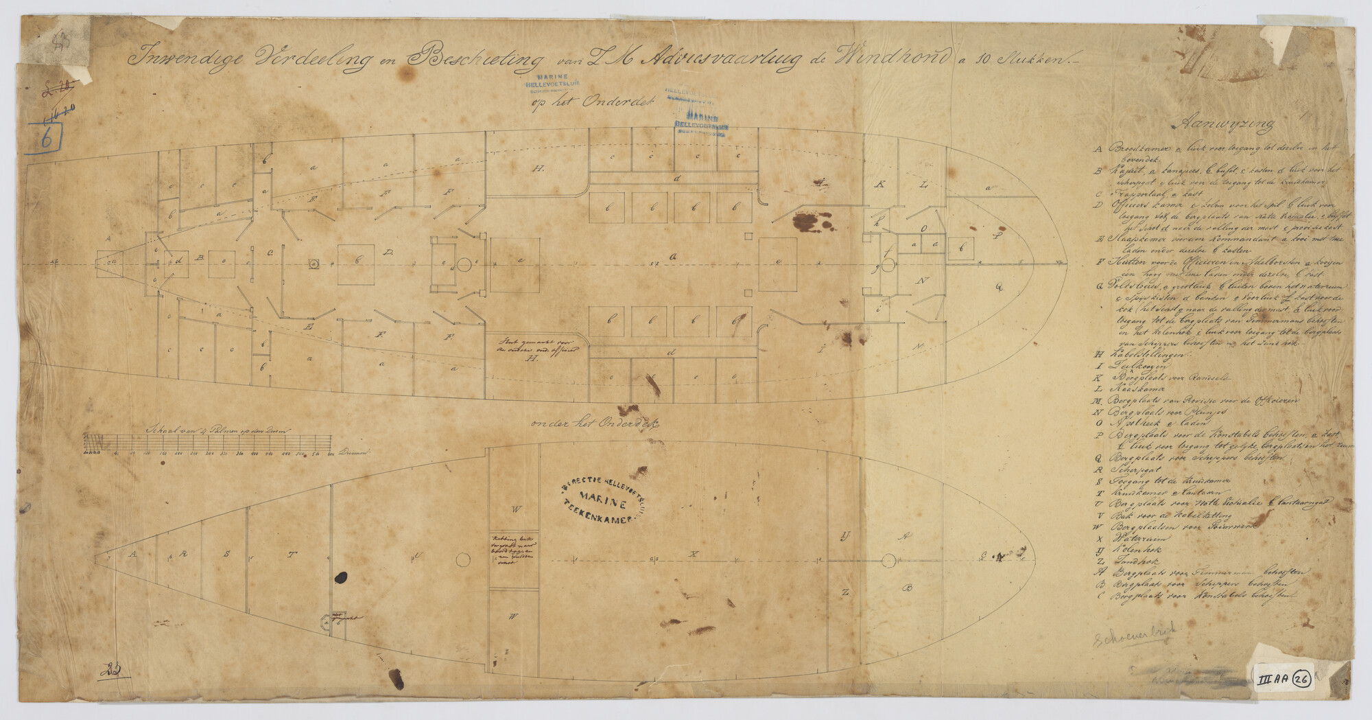 S.1214(0138); Indelingsplan van de adviesbrik Zr.Ms. 'Windhond' à 10 stukken; technische tekening