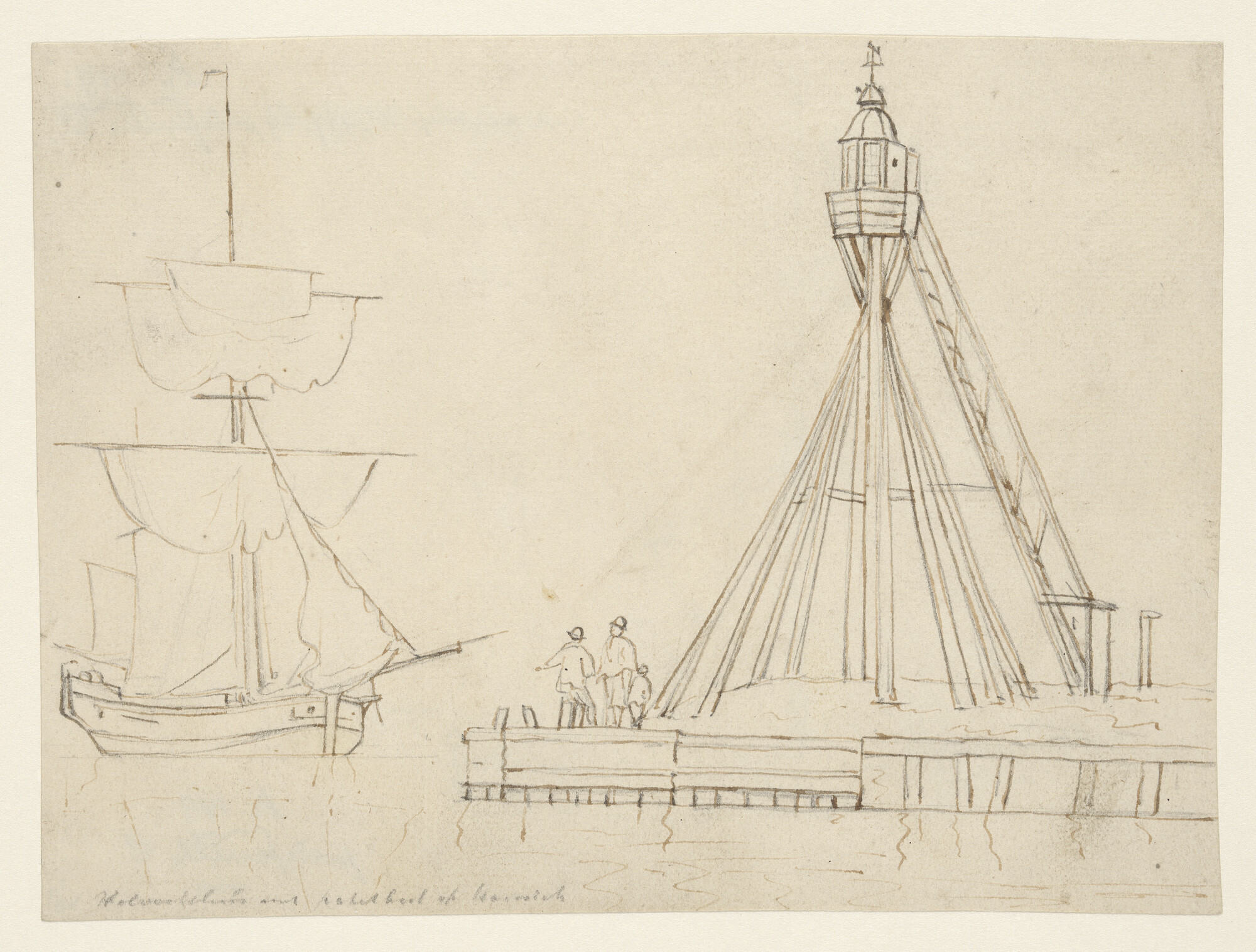 A.0149(0543); Het havenhoofd van Hellevoetsluis en de paketboot Hellevoetsluis - Harwich; tekening