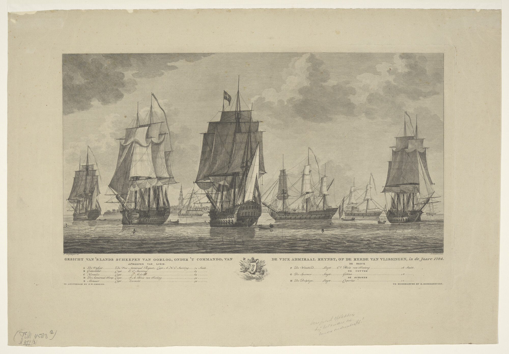 A.0477(03); Eskader onder Vice-admiraal Van Reynst op de rede van Vlissingen, 1784; prent