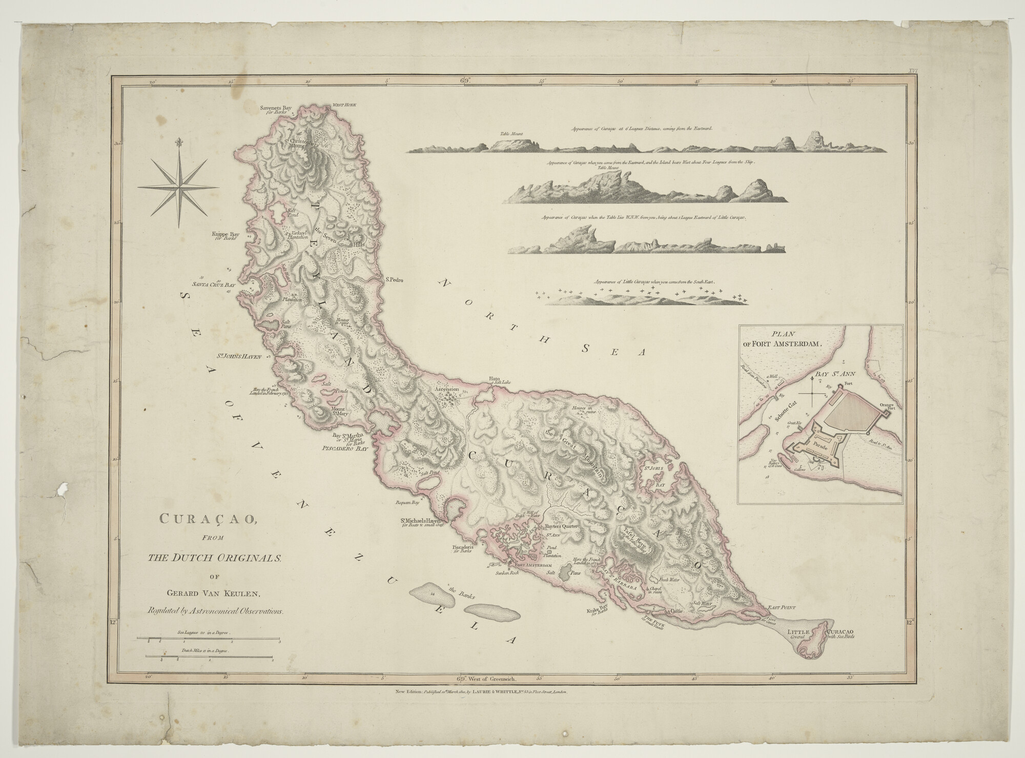 S.0521(132); Met de hand gekleurde kaart van Curaçao door Gerard van Keulen (1678 - 1724), Amsterdam, heruitgave door Laurie & Whittle, Londen, 1810; landkaart