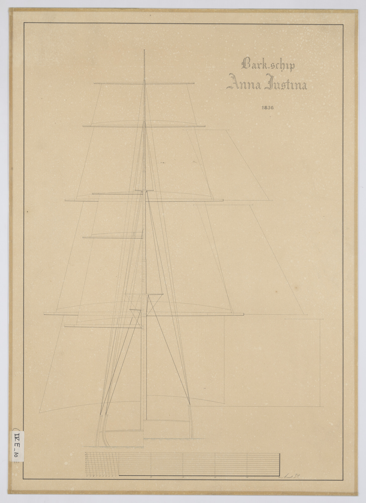 A.0149(0964); Voor- en achteraanzicht van tuig en zeilplan van het barkschip 'Anna Justina' 1856 36.39 x 8.71 x 5.519 el; technische tekening