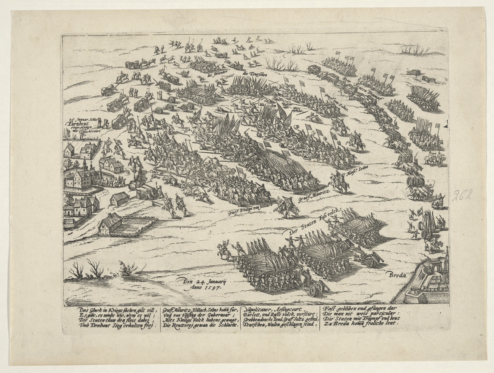 A.0145(027)322; Slag bij Turnhout door Maurits gewonnen, 24 januari 1597; prent