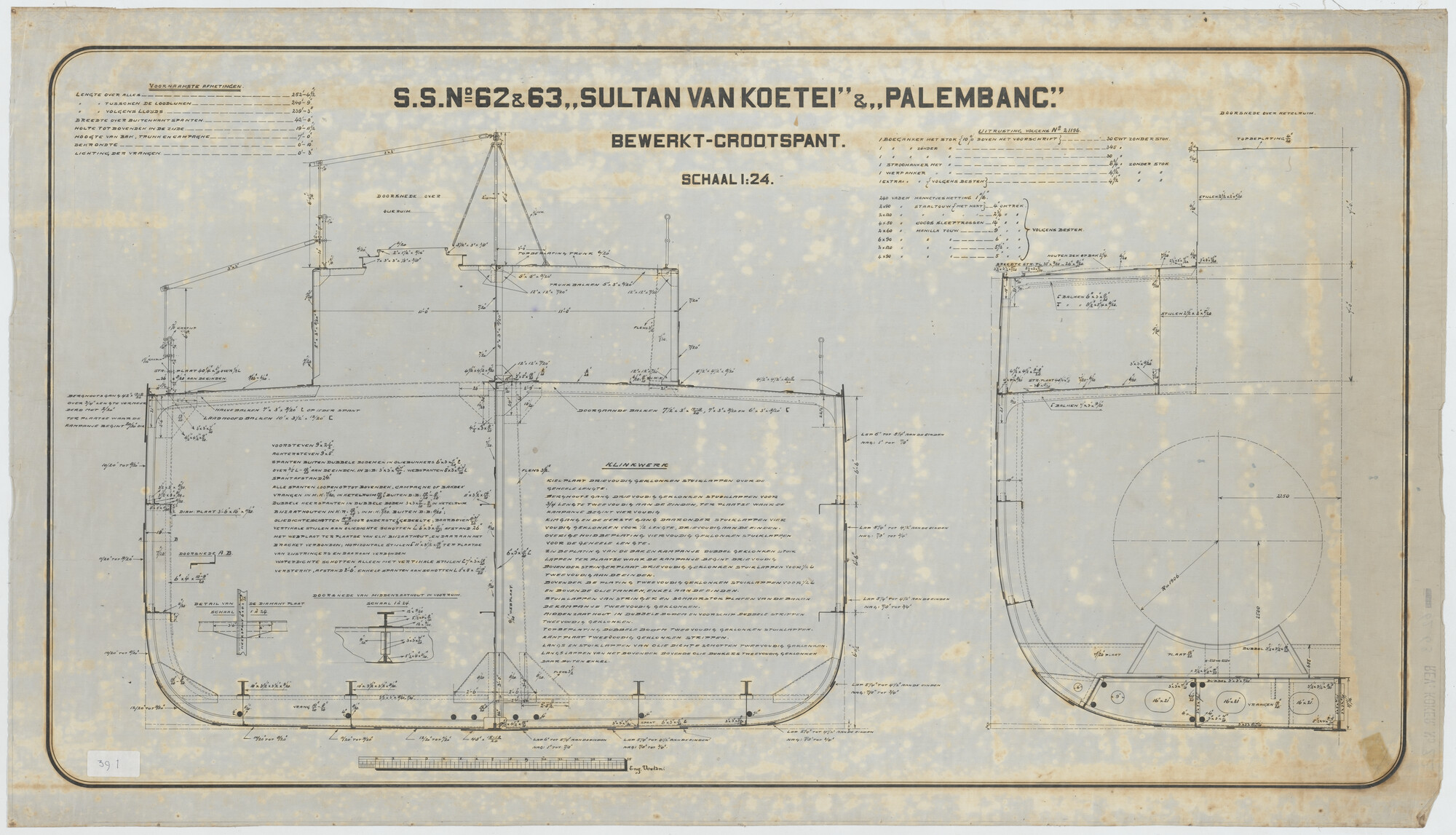 S.5444(039.01); Grootspant van de stoomtanker Sultan van Koetei en 'Palembang'; technische tekening