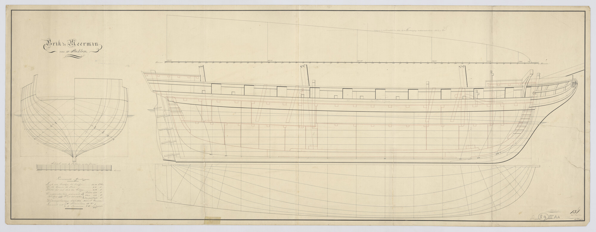 S.1214(0143); Lijnenplan van de brik Zr.Ms. 'Meermin' van 18 stukken; technische tekening