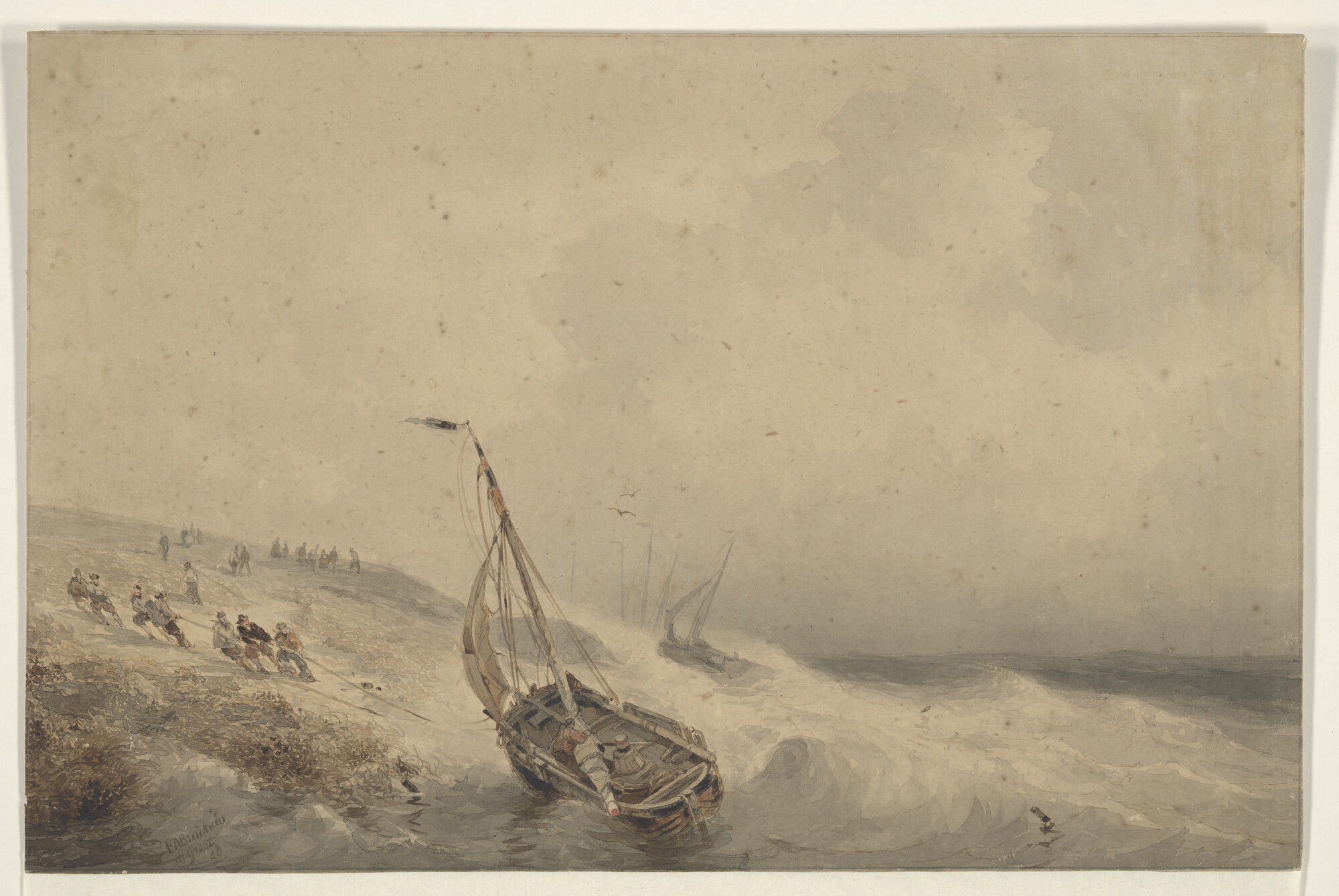 A.2067(01); Een bomschip op het duin bij stormweer; tekening