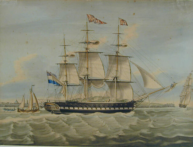 A.1198; Het fregatschip 'Jupiter' het zeegat van Texel uitvarend; tekening