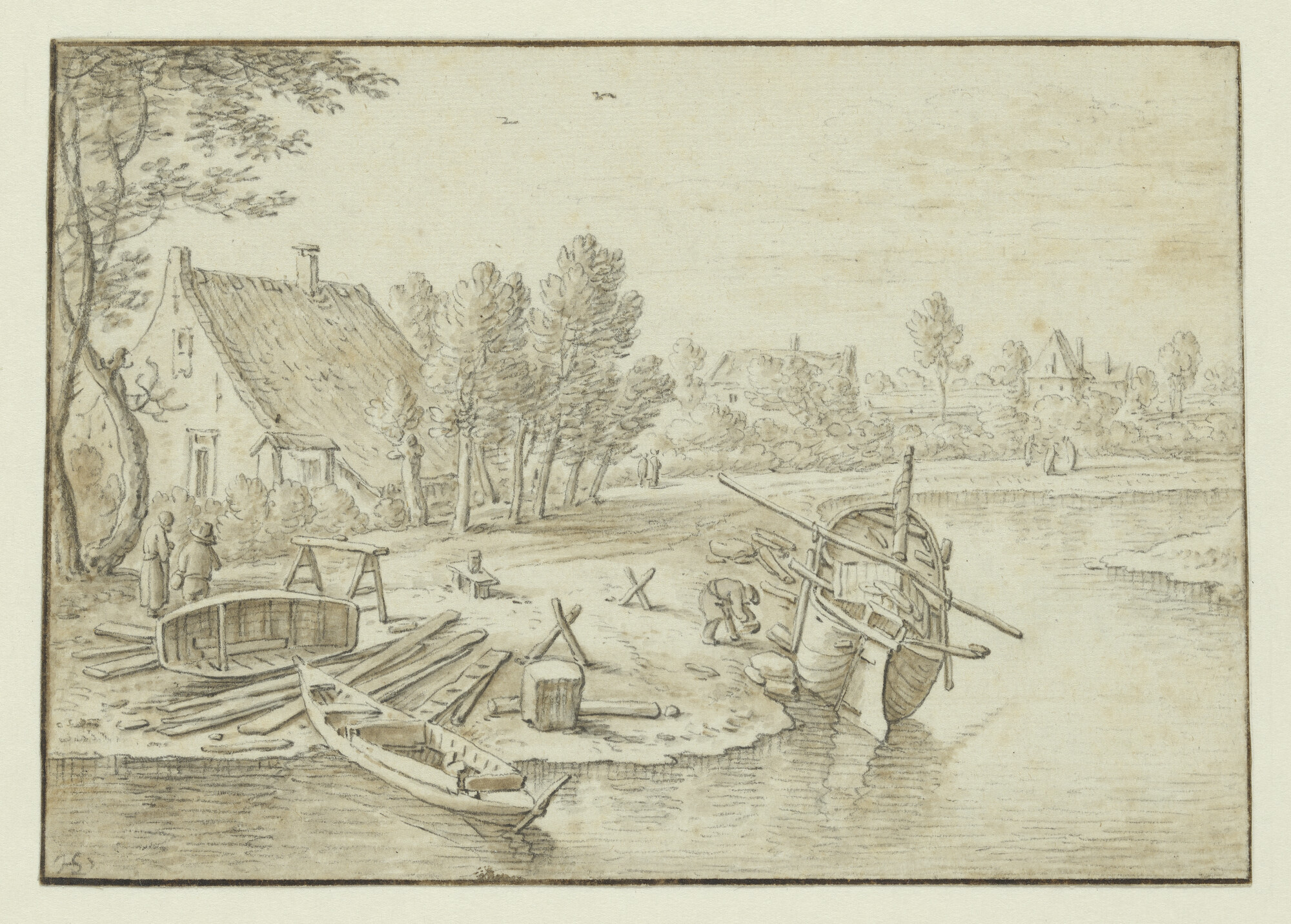A.2988(17); Scheepswerfje bij de Plompe Toren, buiten de Utrechtse stadsmuur; tekening