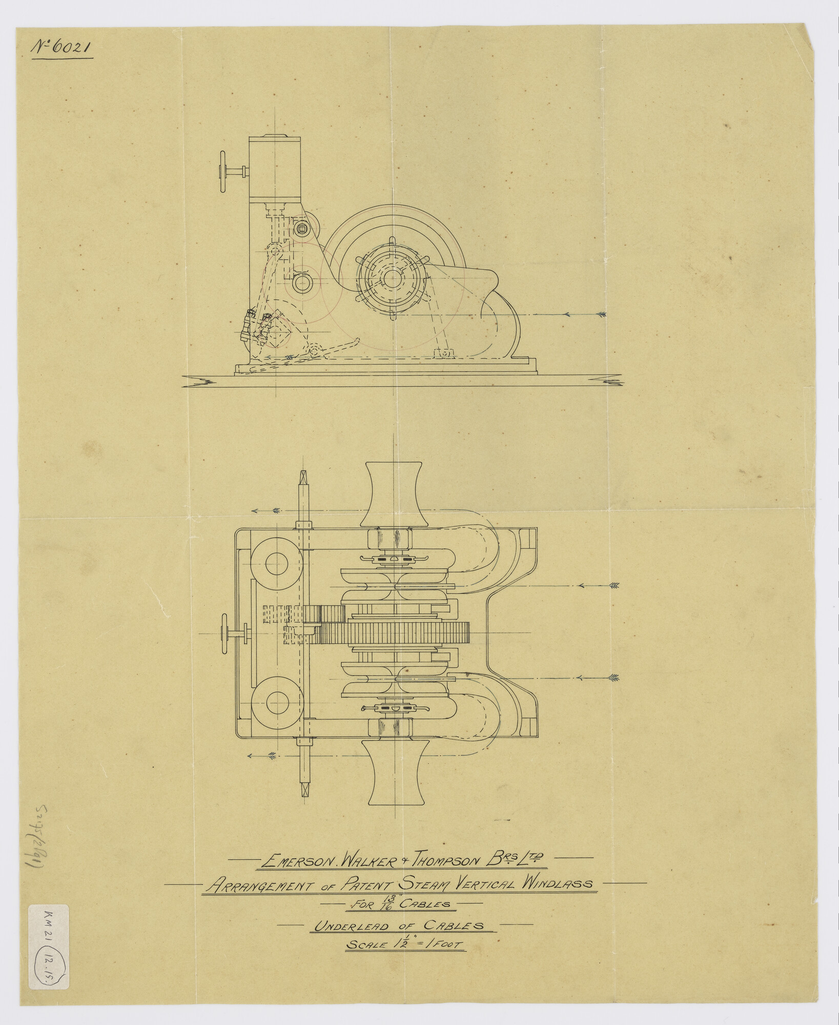 S.2175(2891); Langsdoorsnede en dwarsdoorsnede van de stoomankermachine op de bak van het stoomschip voor de Gouvernementsmarine Hr.Ms. Glatik; technische tekening
