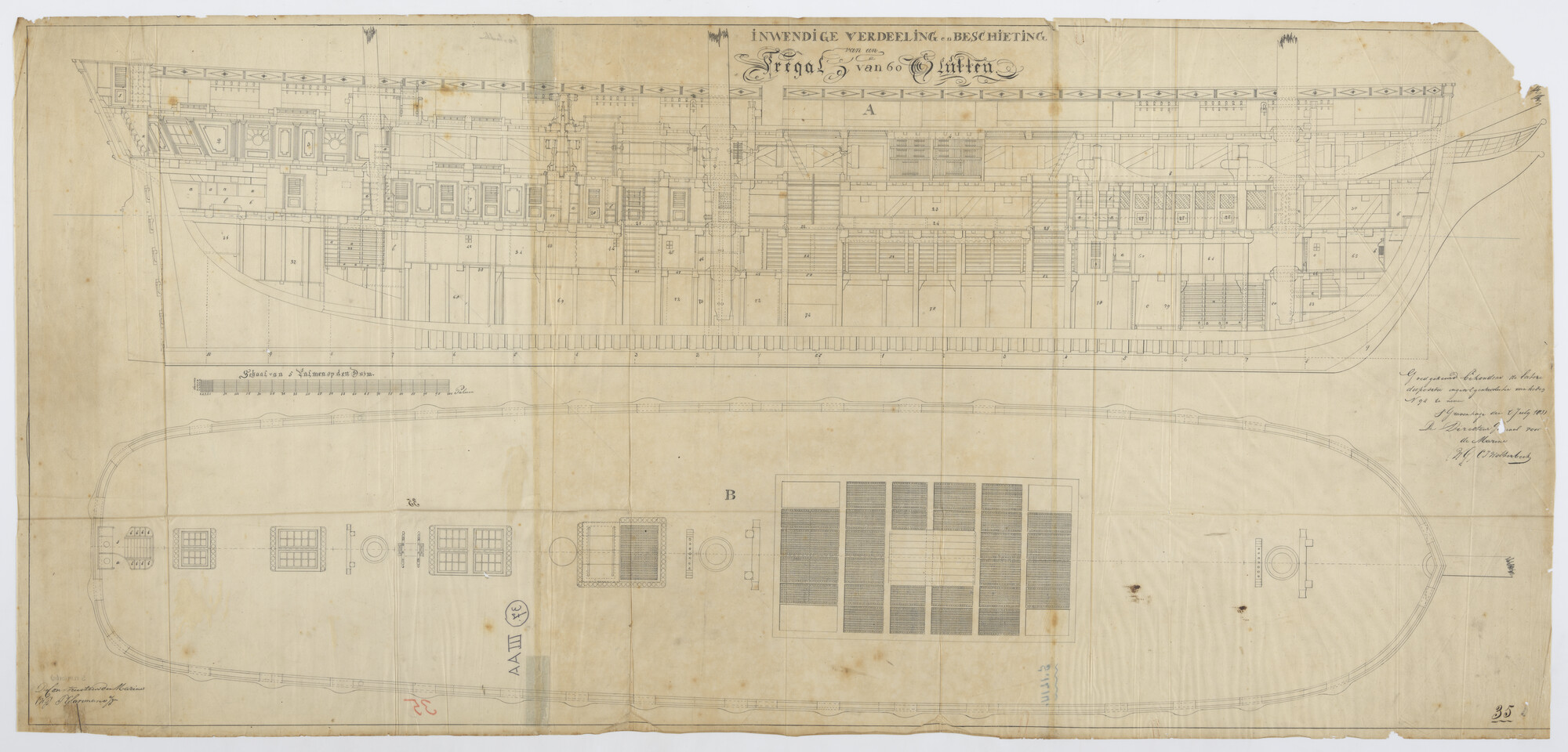 S.1214(0165); Indelings- en dekplan van het fregat Zr.Ms. 'Doggersbank'; technische tekening