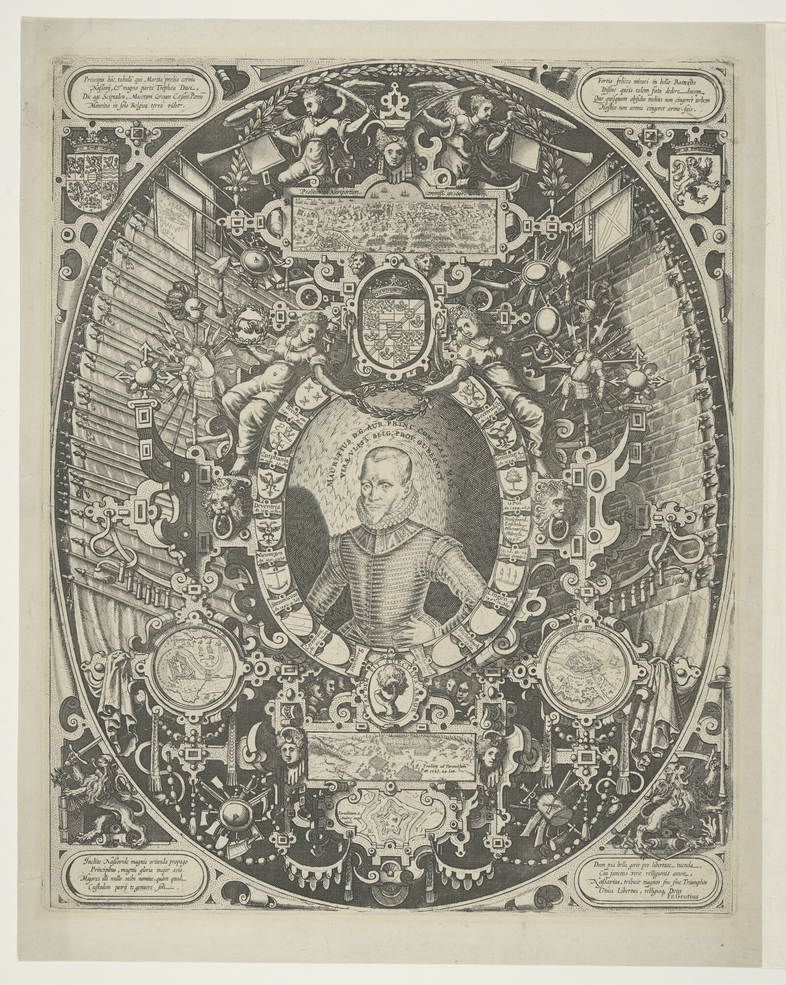 A.3478(03); Portret van Prins Maurits in ovaal, omgeven door arabesken en de namen van; prent